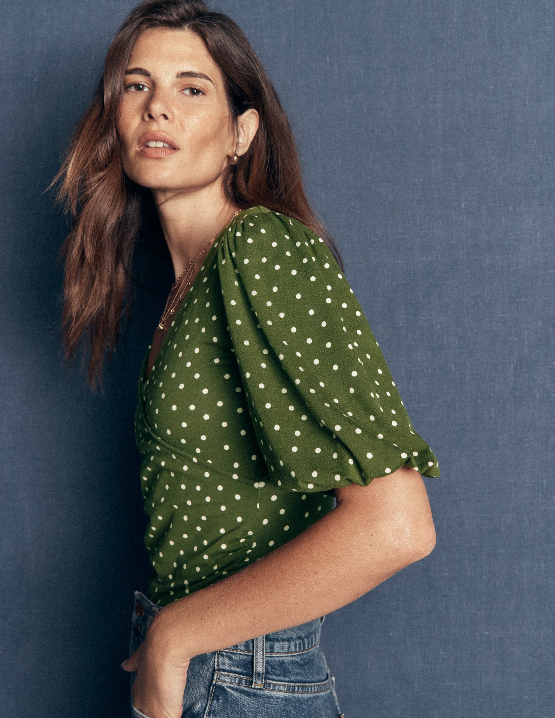Tia Ruched Wrap Top-Brunswick Green, Painted Dot-2