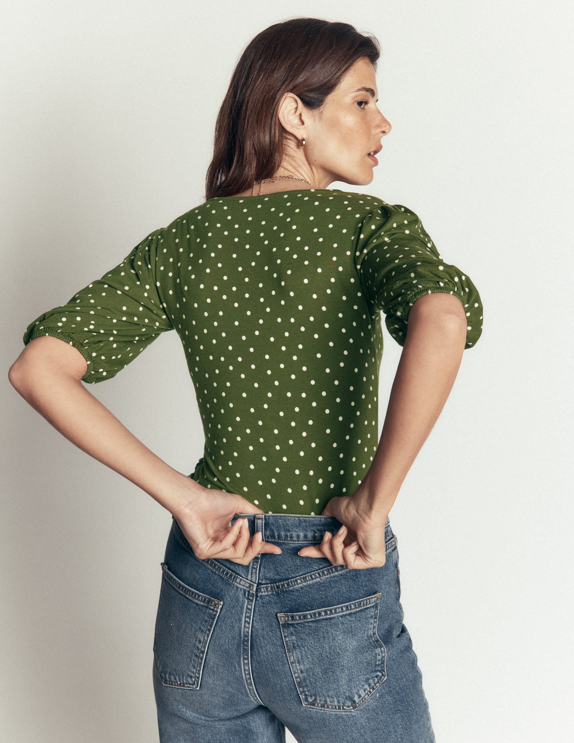 Tia Ruched Wrap Top-Brunswick Green, Painted Dot - Image 3