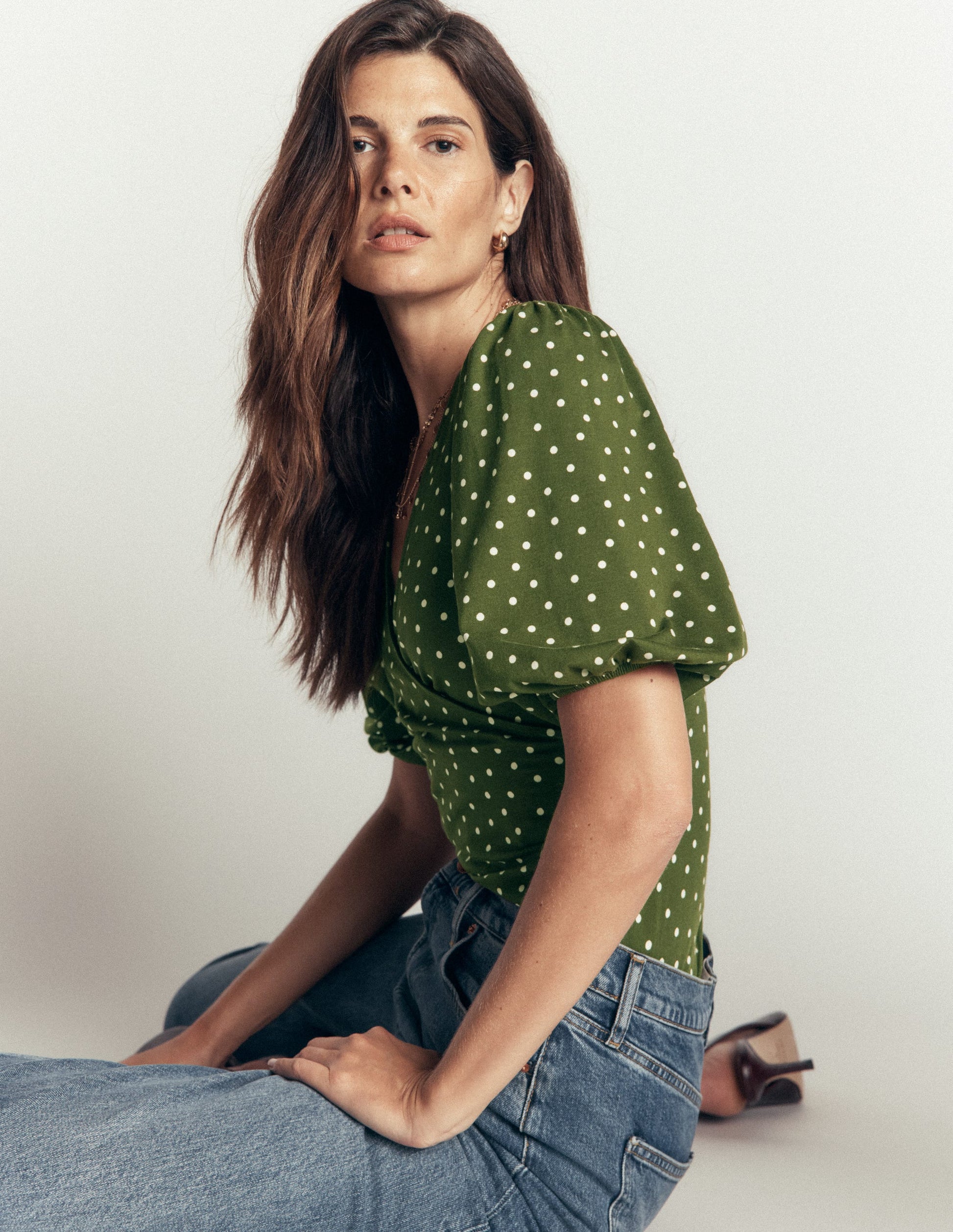 Tia Ruched Wrap Top-Brunswick Green, Painted Dot-4