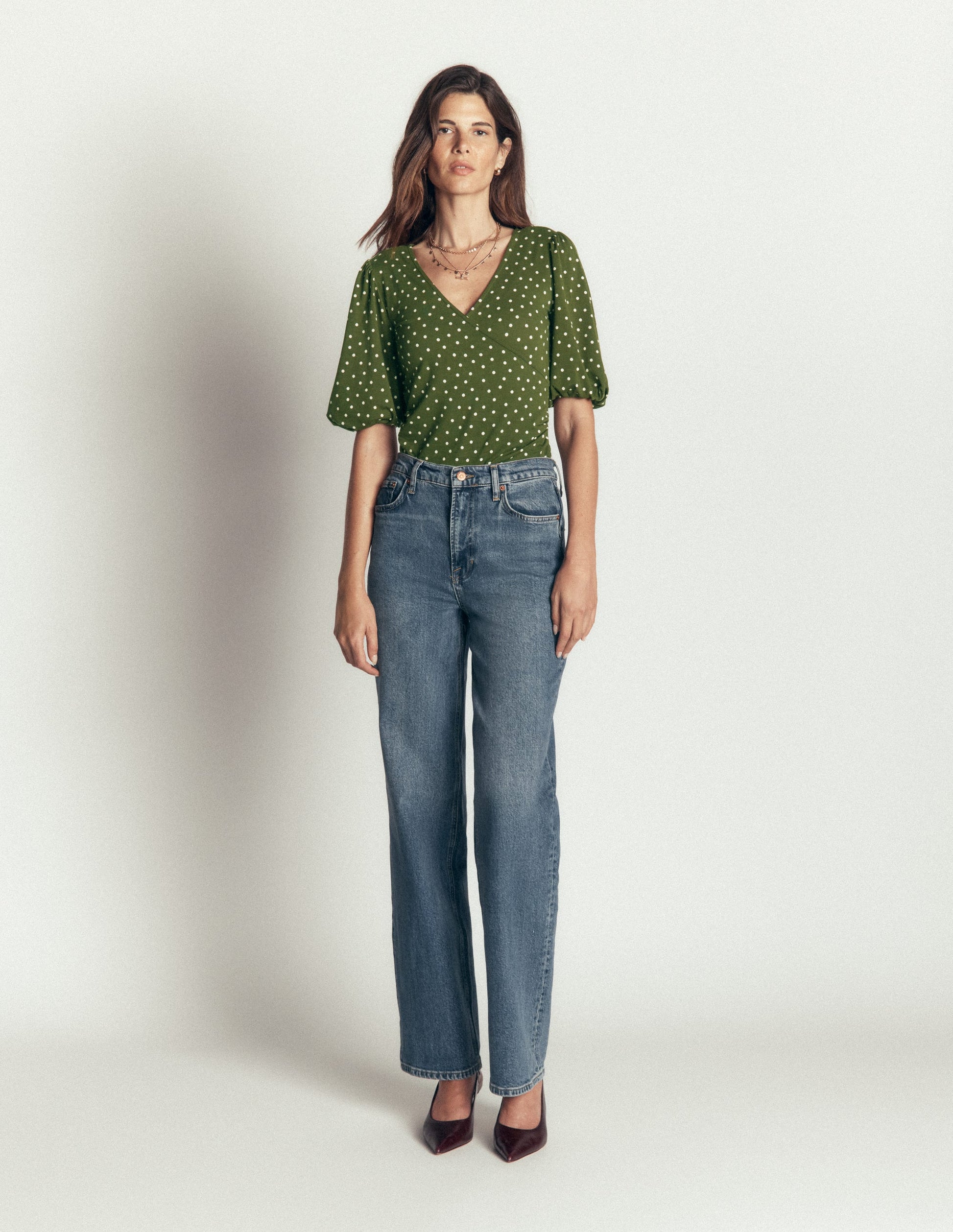 Tia Ruched Wrap Top-Brunswick Green, Painted Dot-5