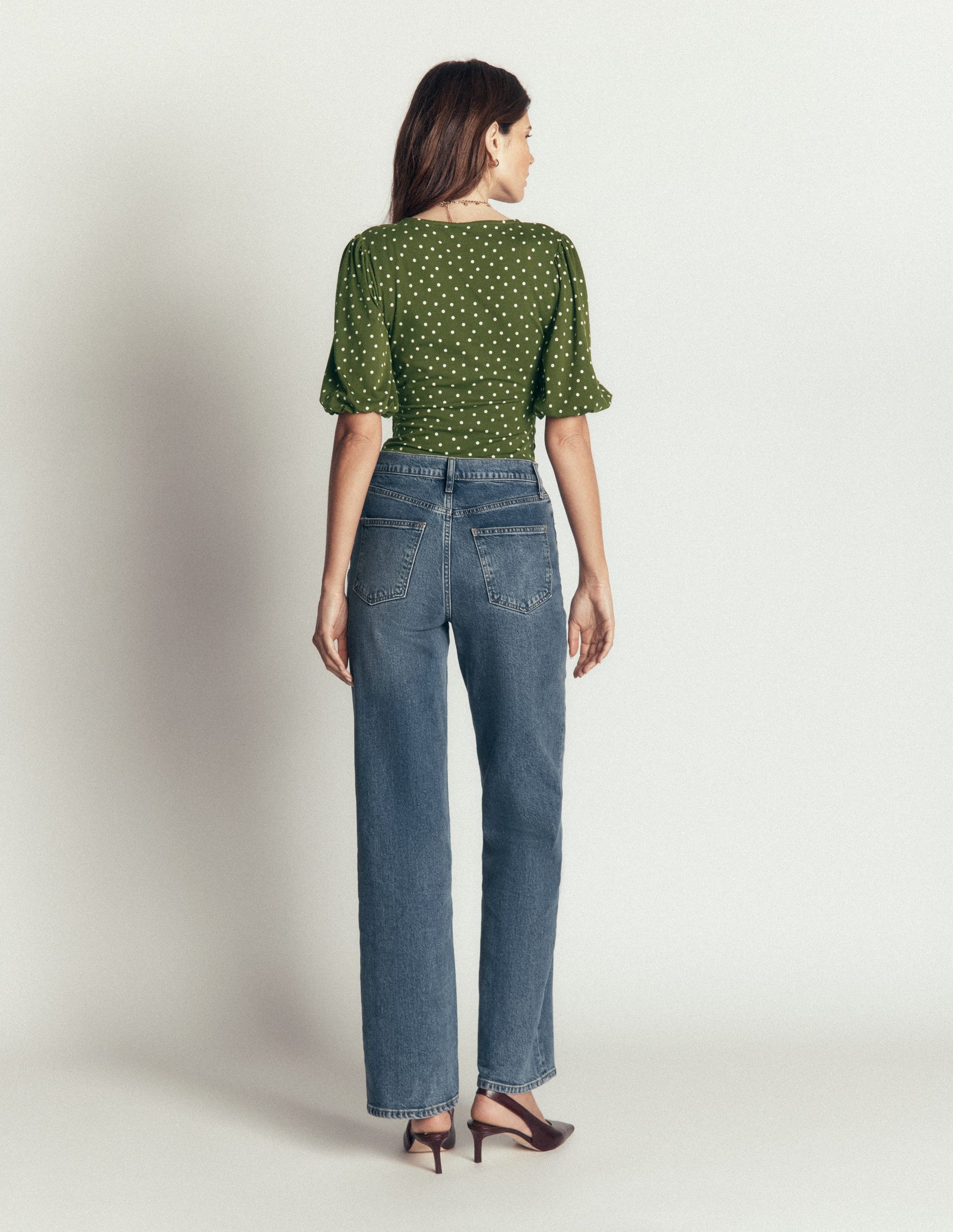 Tia Ruched Wrap Top-Brunswick Green, Painted Dot-6