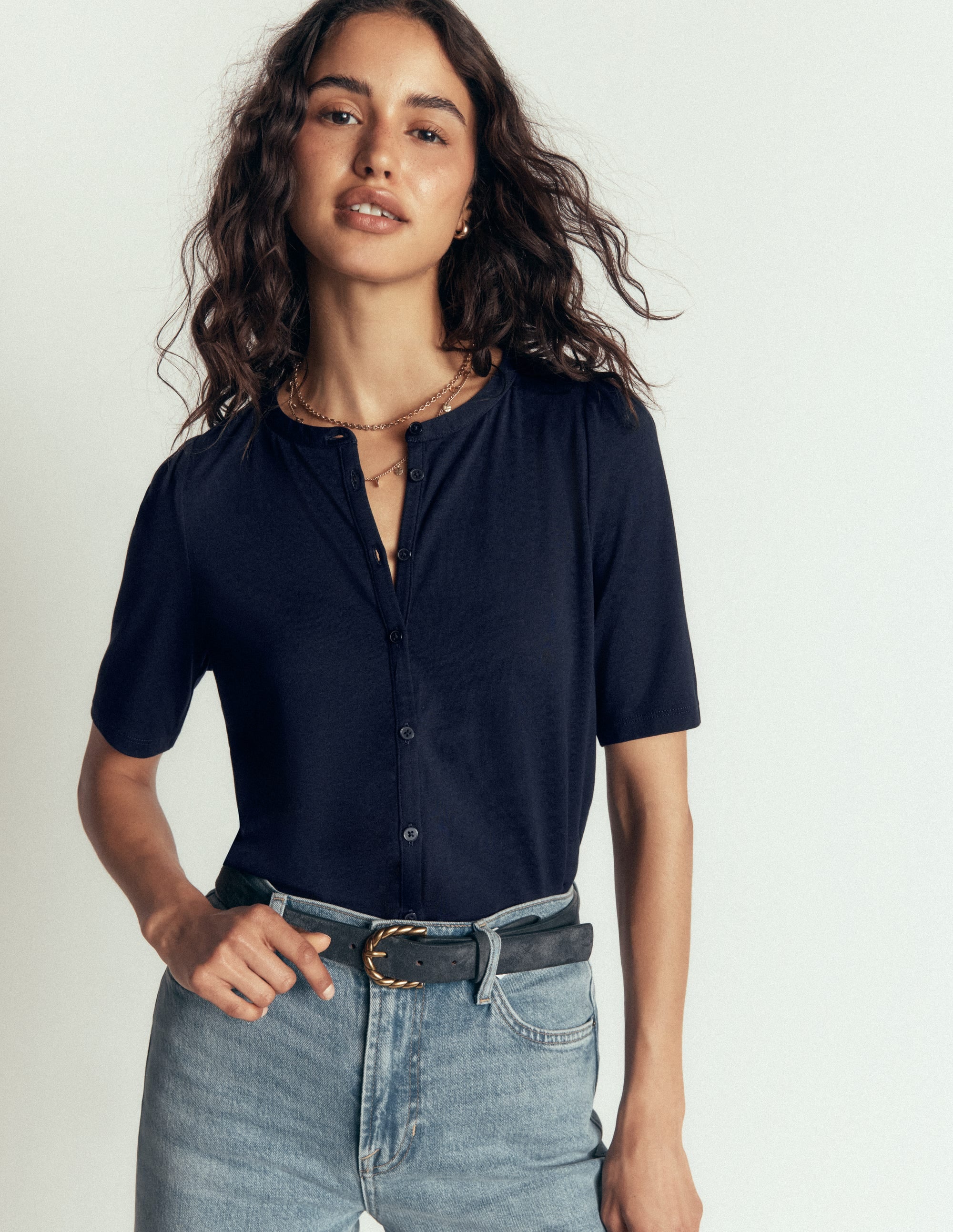 Top à manches courtes bouffantes-Bleu marine - Image 1
