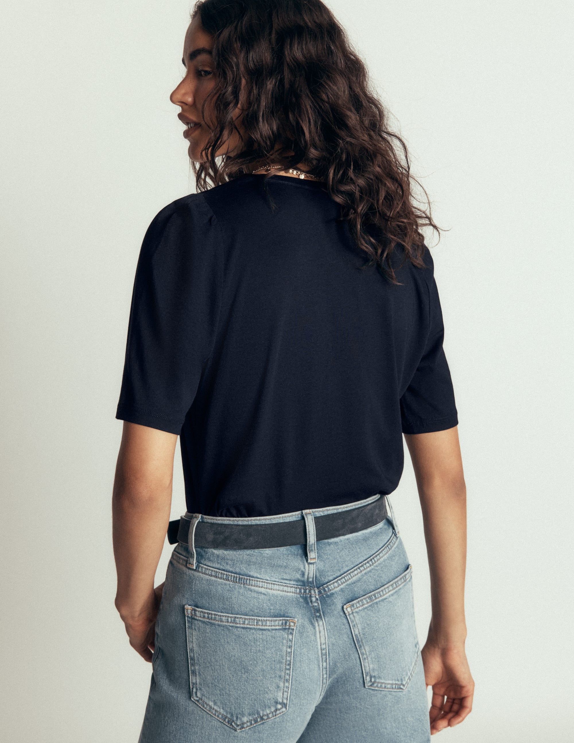 Top à manches courtes bouffantes-Bleu marine - Image 3