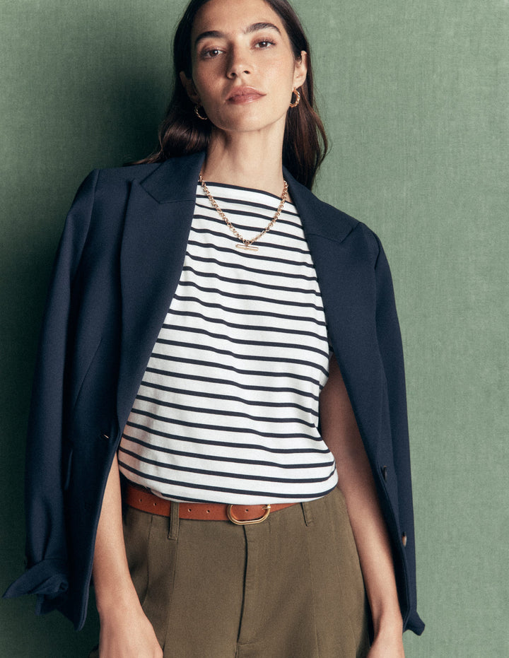Superweiches T-Shirt mit U-Boot-Ausschnitt-Naturweiß/Navy, Gestreift