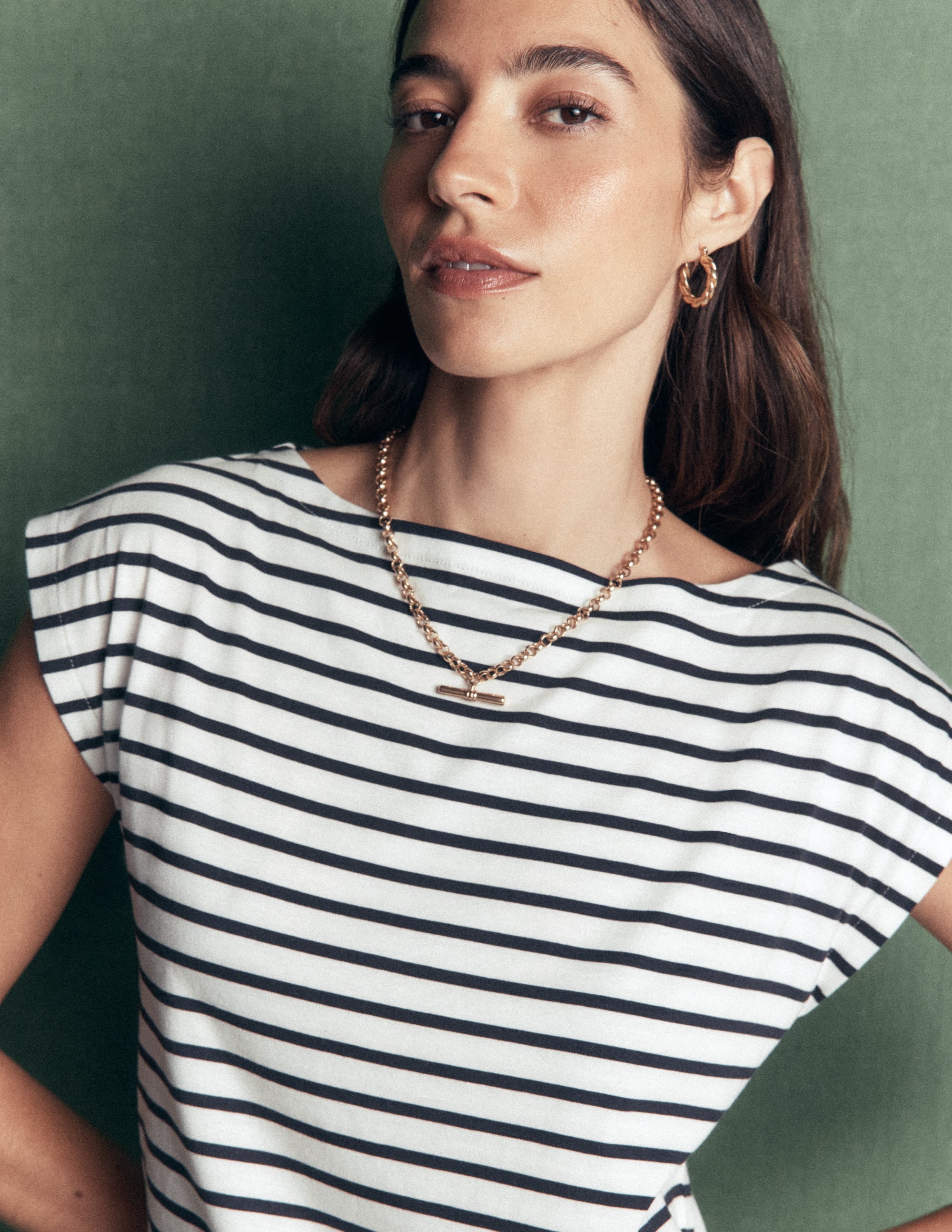 Supersoft Slash Neck T-Shirt-Ivory, Navy Stripe - Image 2