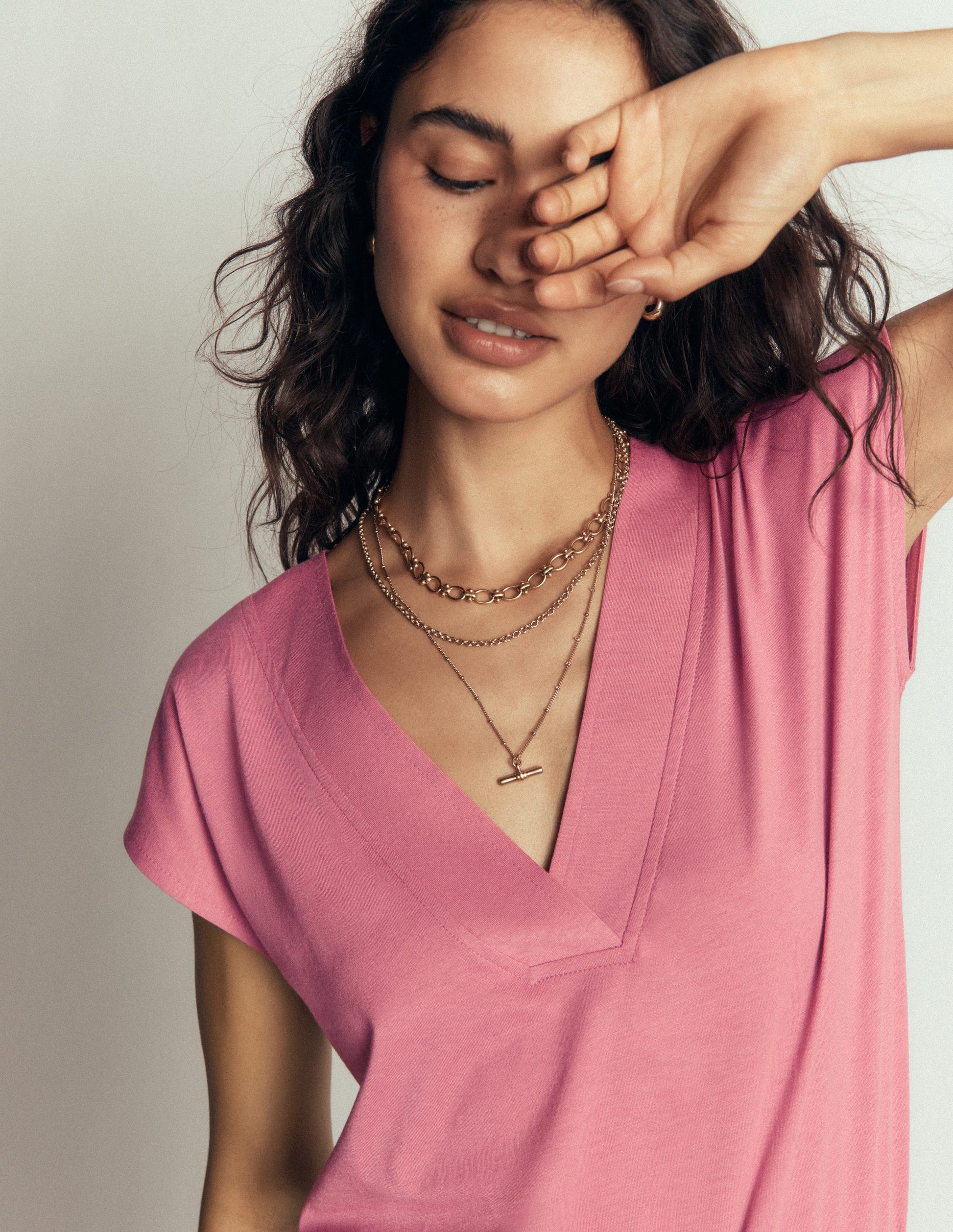 T-shirt Imi ultra-doux à col V-Bruyère rose-2