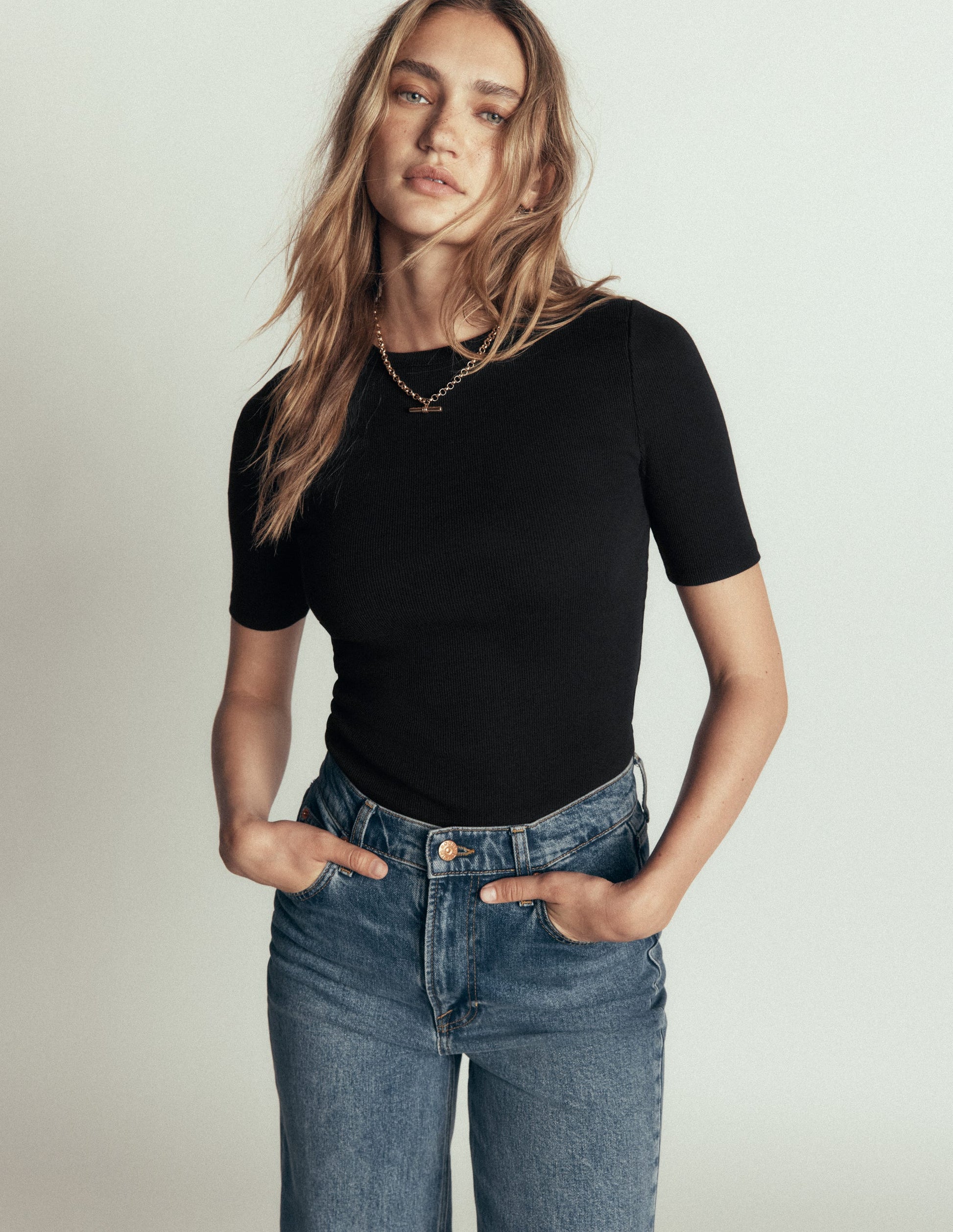 T-shirt côtelé en coton-Noir-4