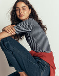 Geripptes Baumwoll-T-Shirt-Navy & Beige Streifen