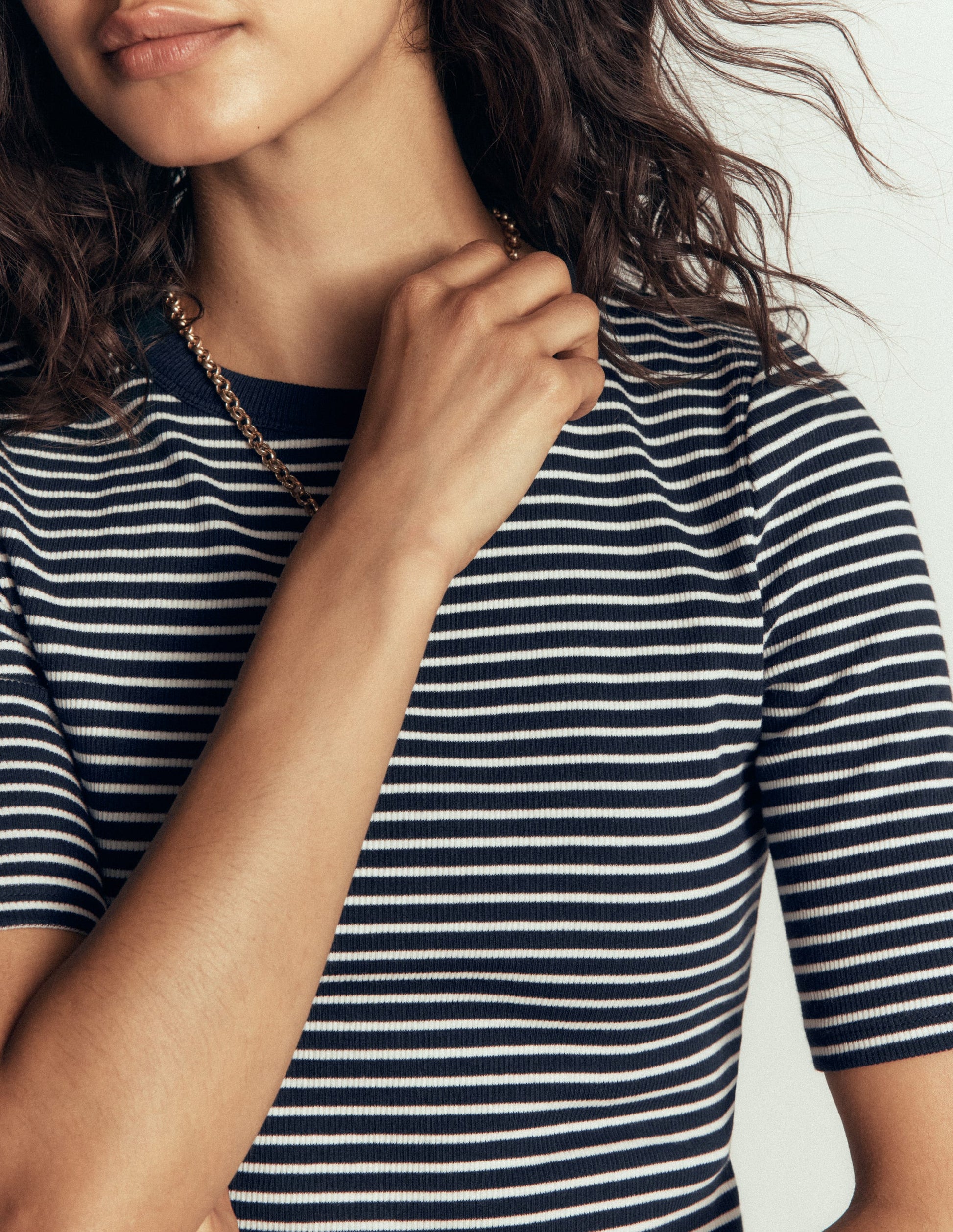 Geripptes Baumwoll-T-Shirt-Navy & Beige Streifen-2