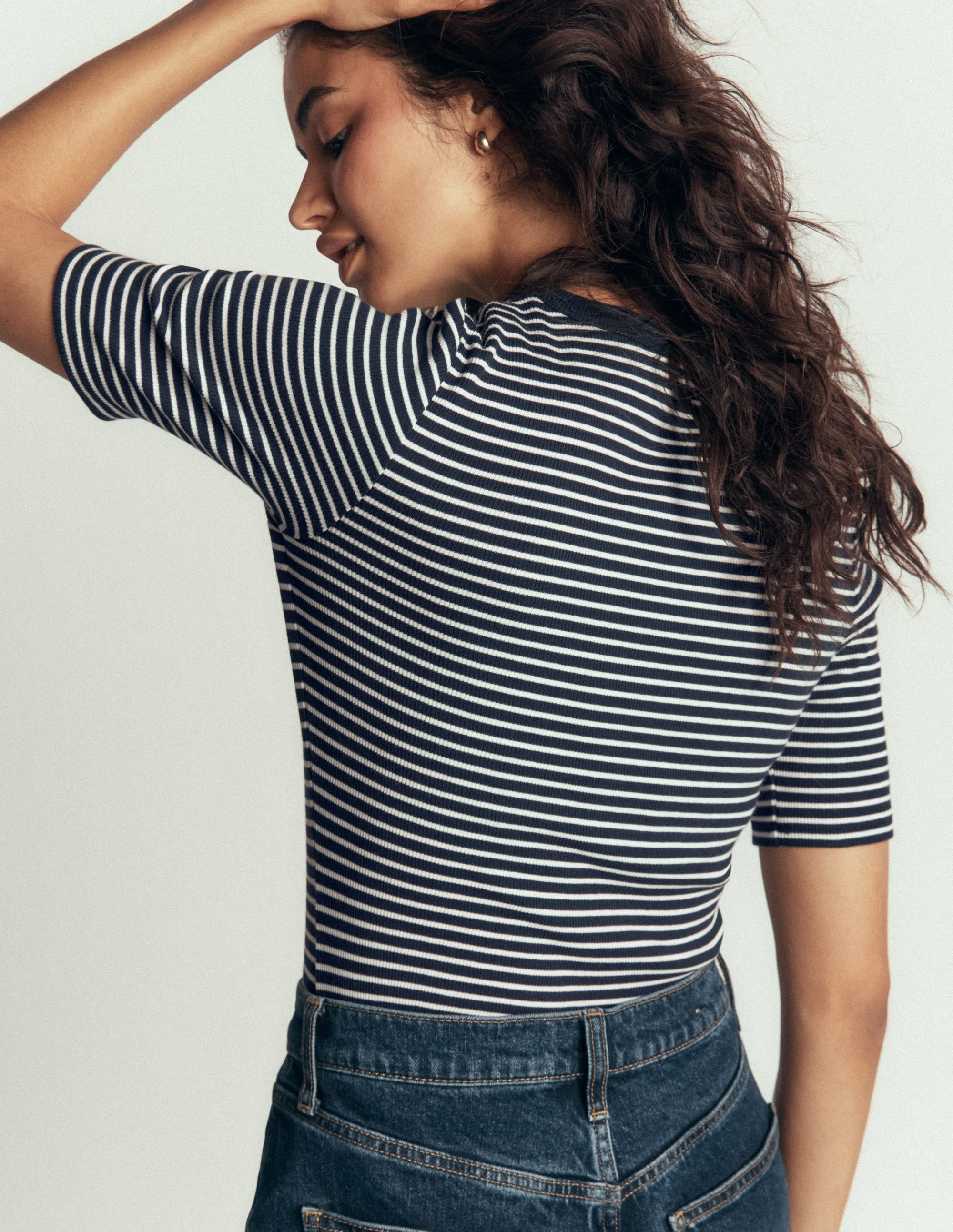 Geripptes Baumwoll-T-Shirt-Navy & Beige Streifen - Image 3