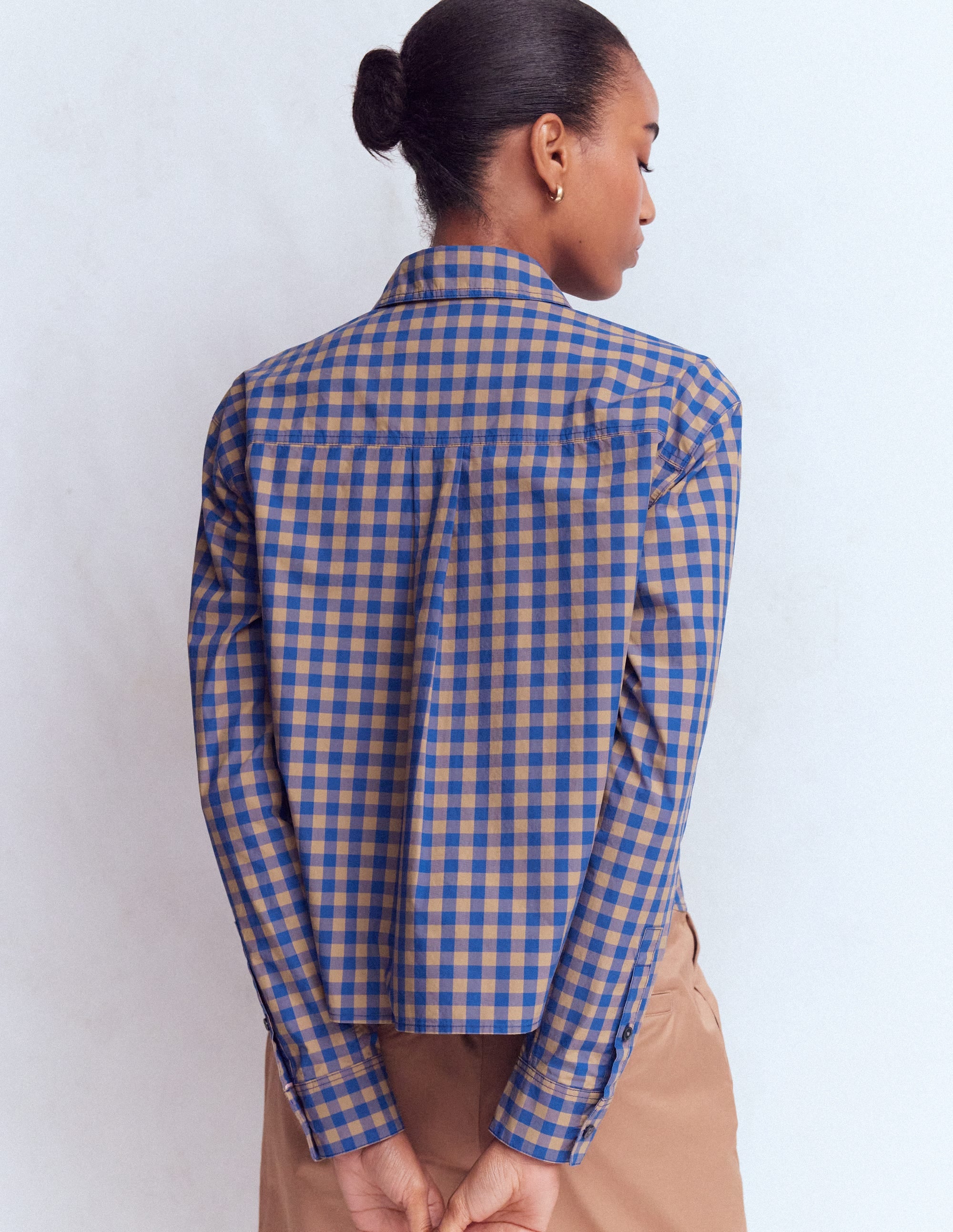 Sienna Verkürztes Baumwollhemd-Camel, Blau Vichykaro - Image 3