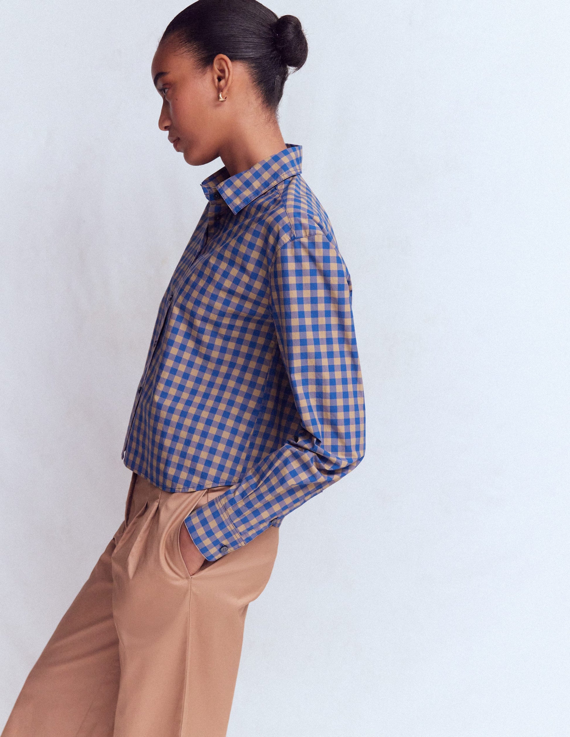 Sienna Verkürztes Baumwollhemd-Camel, Blau Vichykaro-5