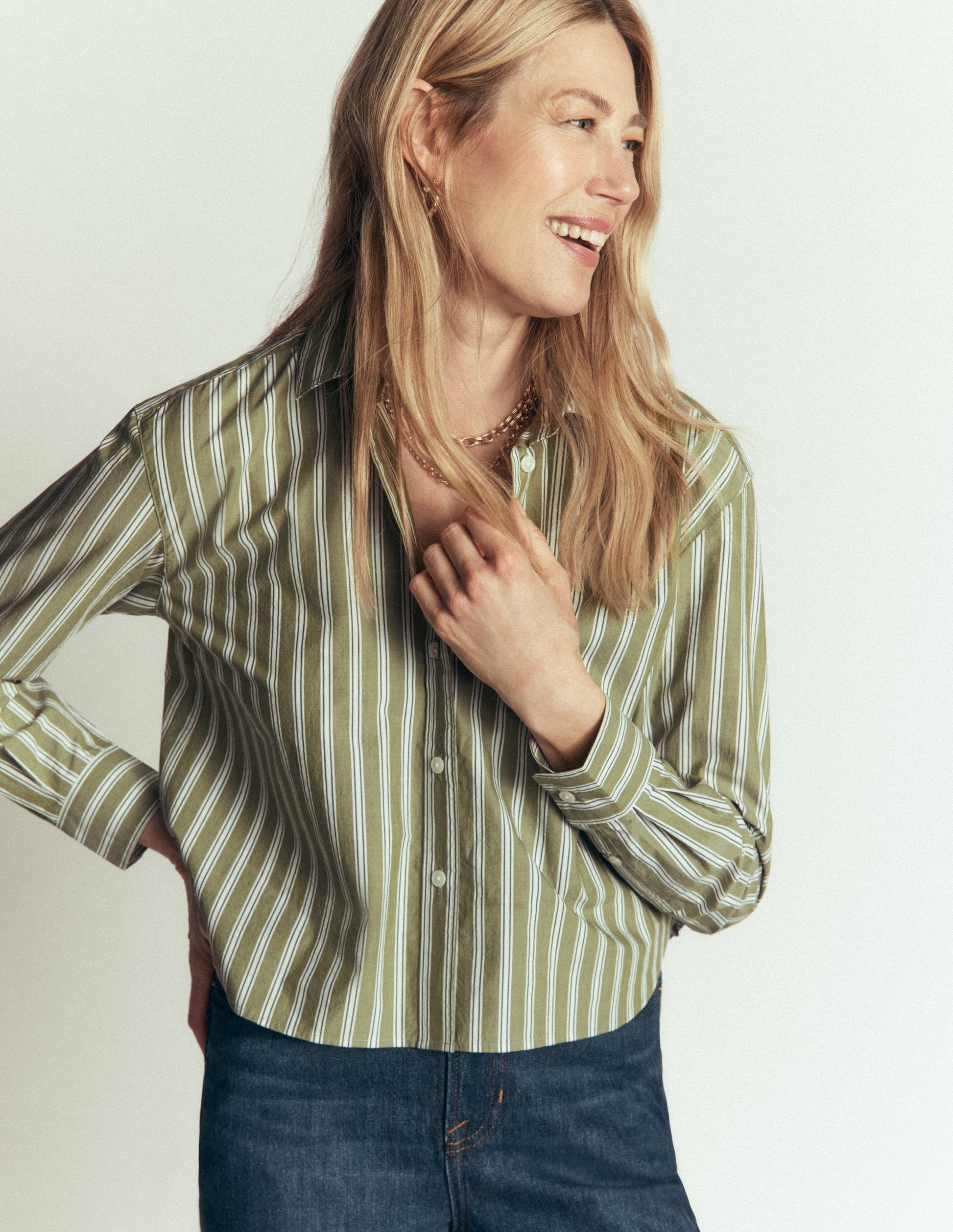Chemise courte Sienna en coton-Rayé tramway bleu marine, vert olive-1