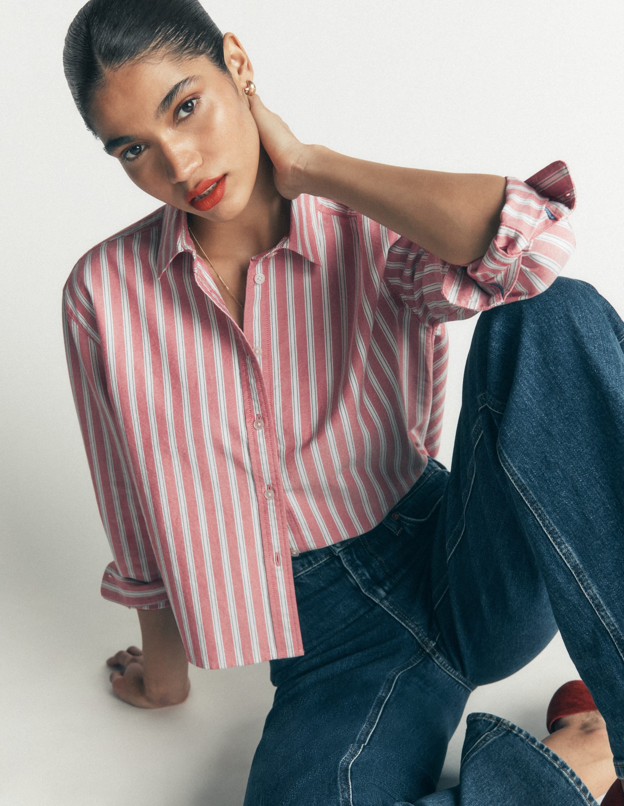 Chemise courte Sienna en coton-Rouge, rayé bleu marine - Image 2