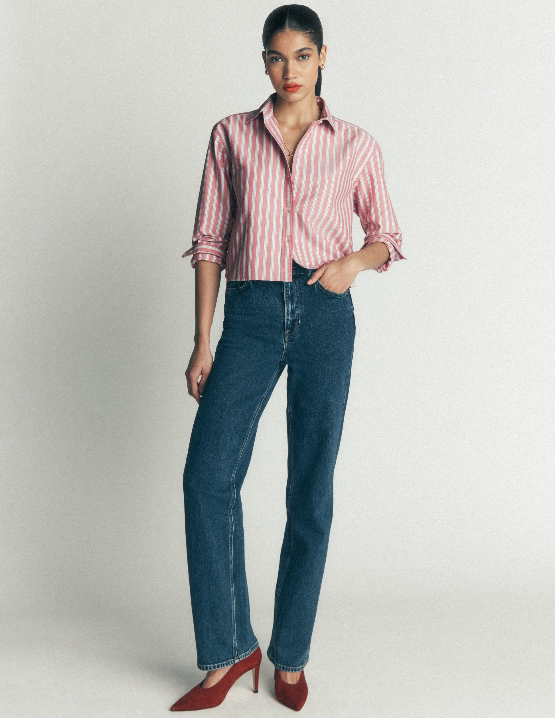 Chemise courte Sienna en coton-Rouge, rayé bleu marine-6