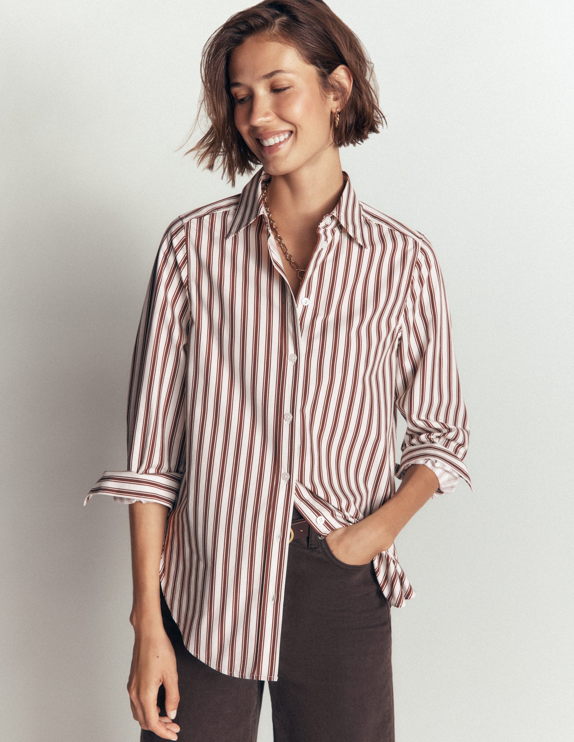 Chemise longue Anna en coton-Rayé marron et ivoire-1