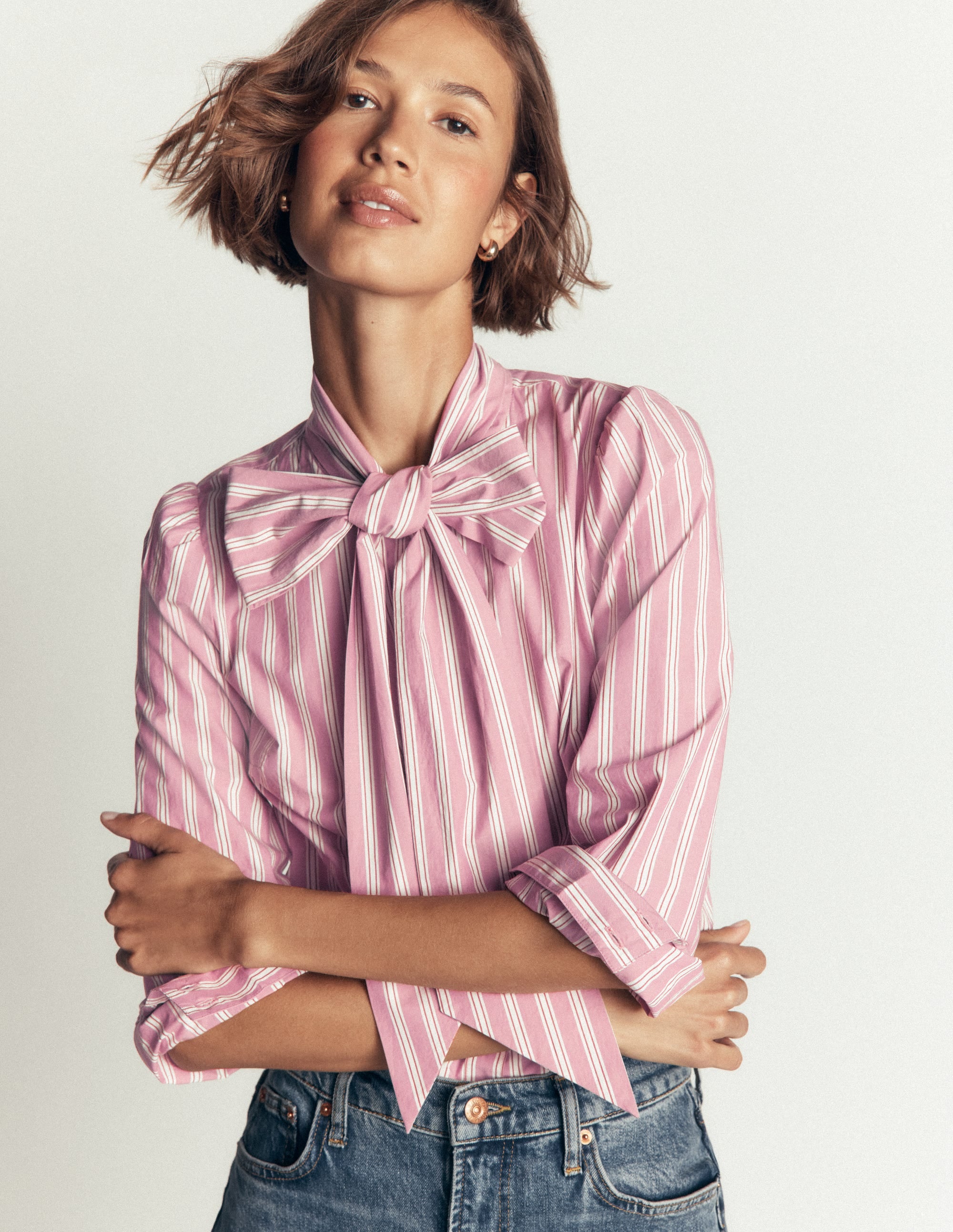 Top Clara à col lavallière-Rayé rose et marron - Image 1