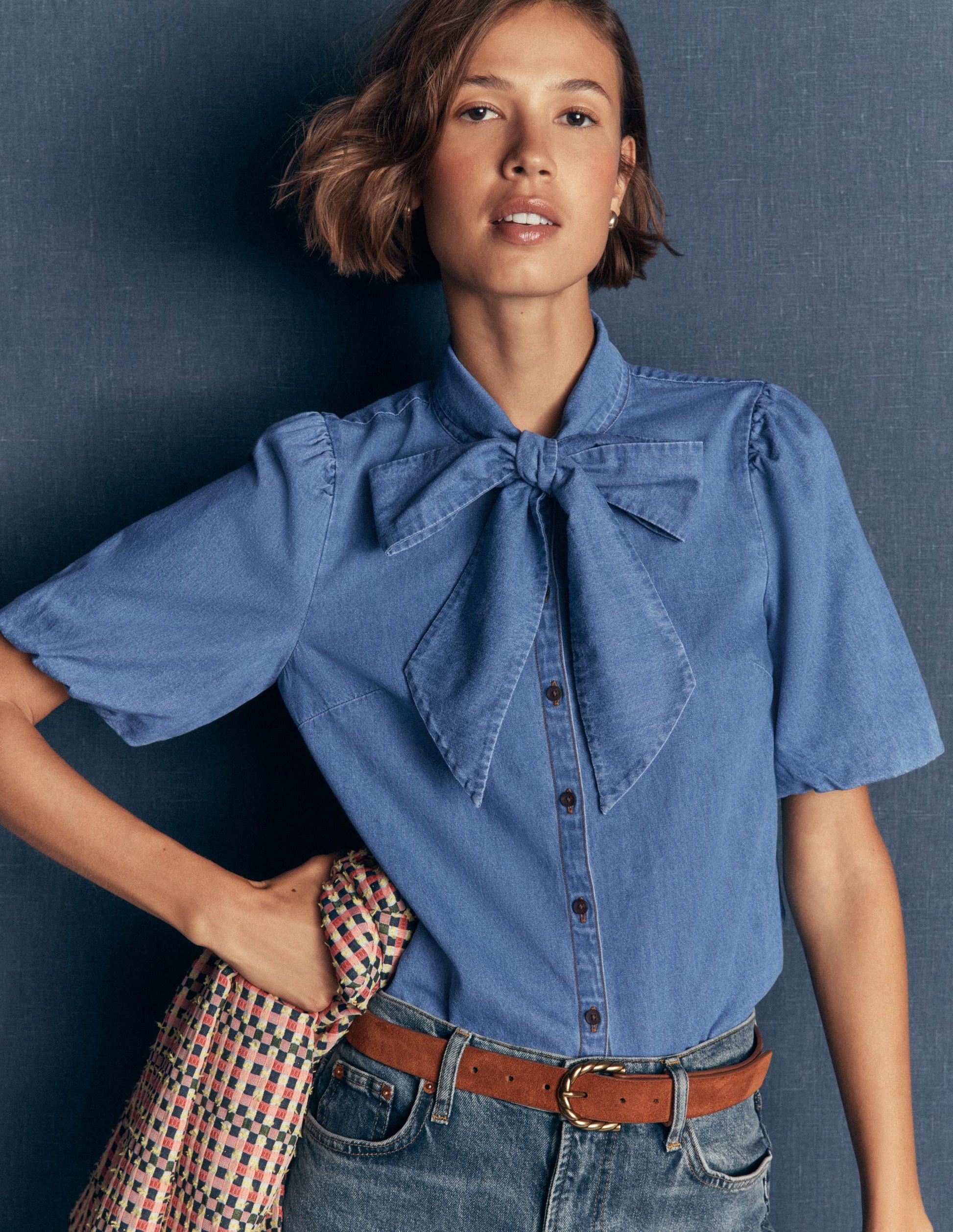 Schluppenbluse aus Denim-Ausgeblichene Optik-1