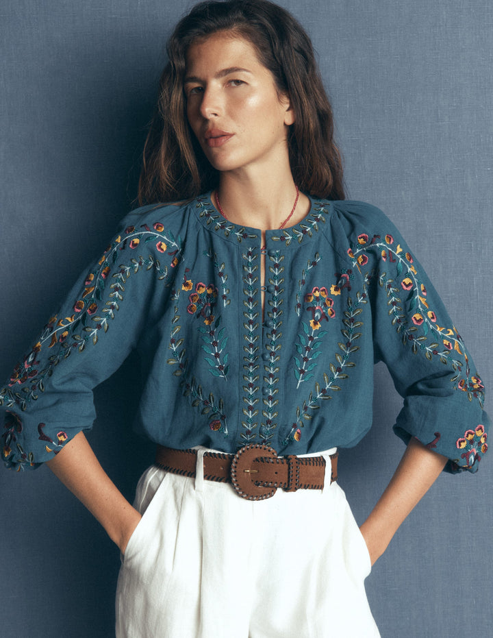 Besticktes Raglan-Oberteil-Blau