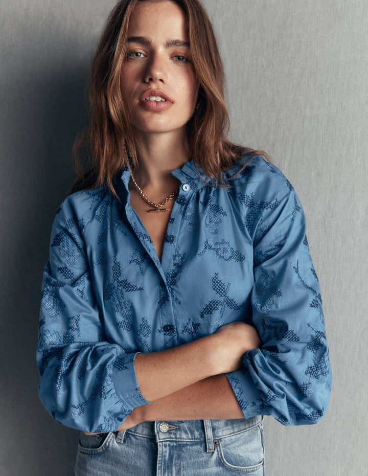 Top Erica volanté en coton-Bleu, point de croix floral