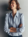 Julia Darted Cotton Shirt-Soft Blue, Ivory Stripe
