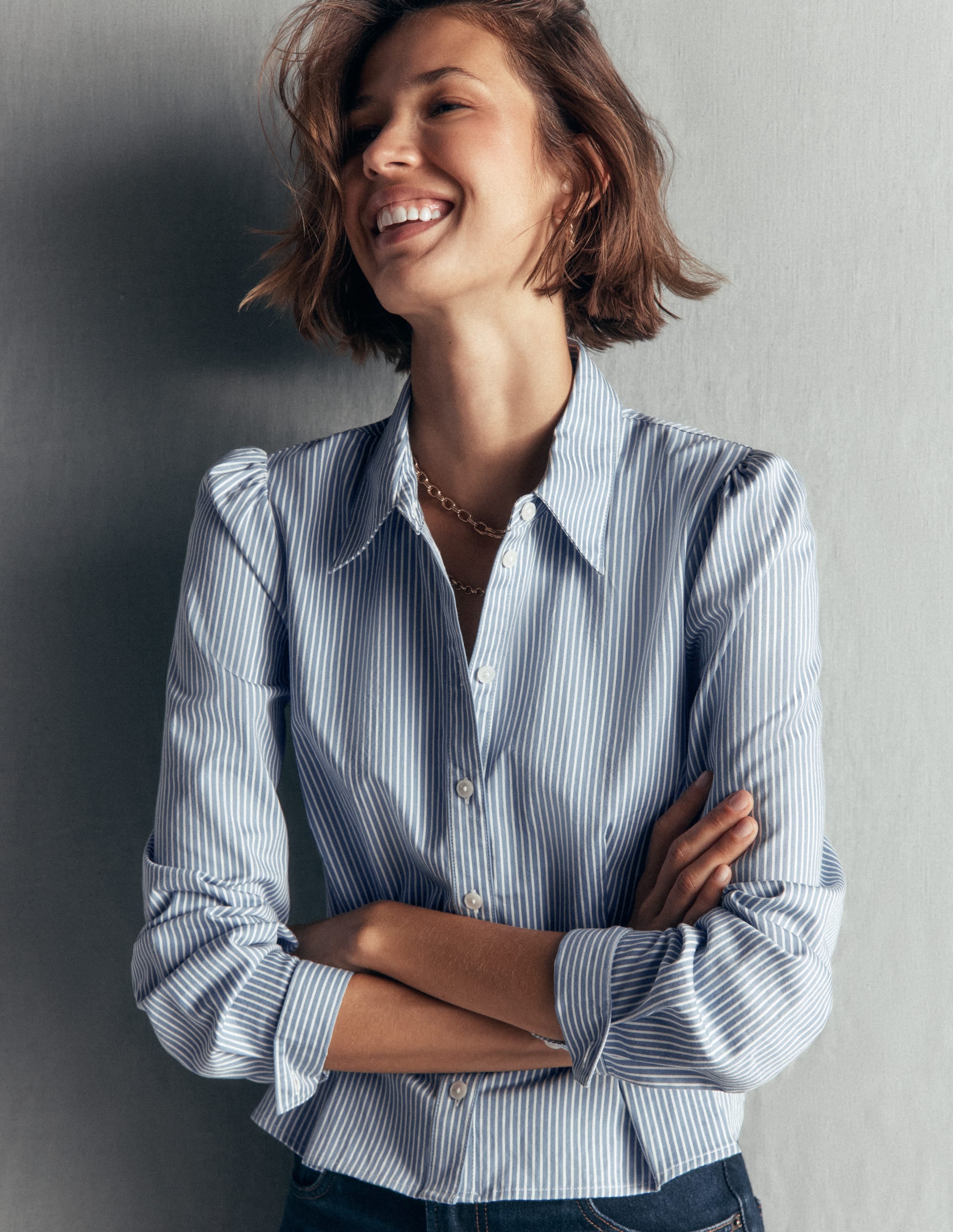 Julia Darted Cotton Shirt-Soft Blue, Ivory Stripe - Image 1