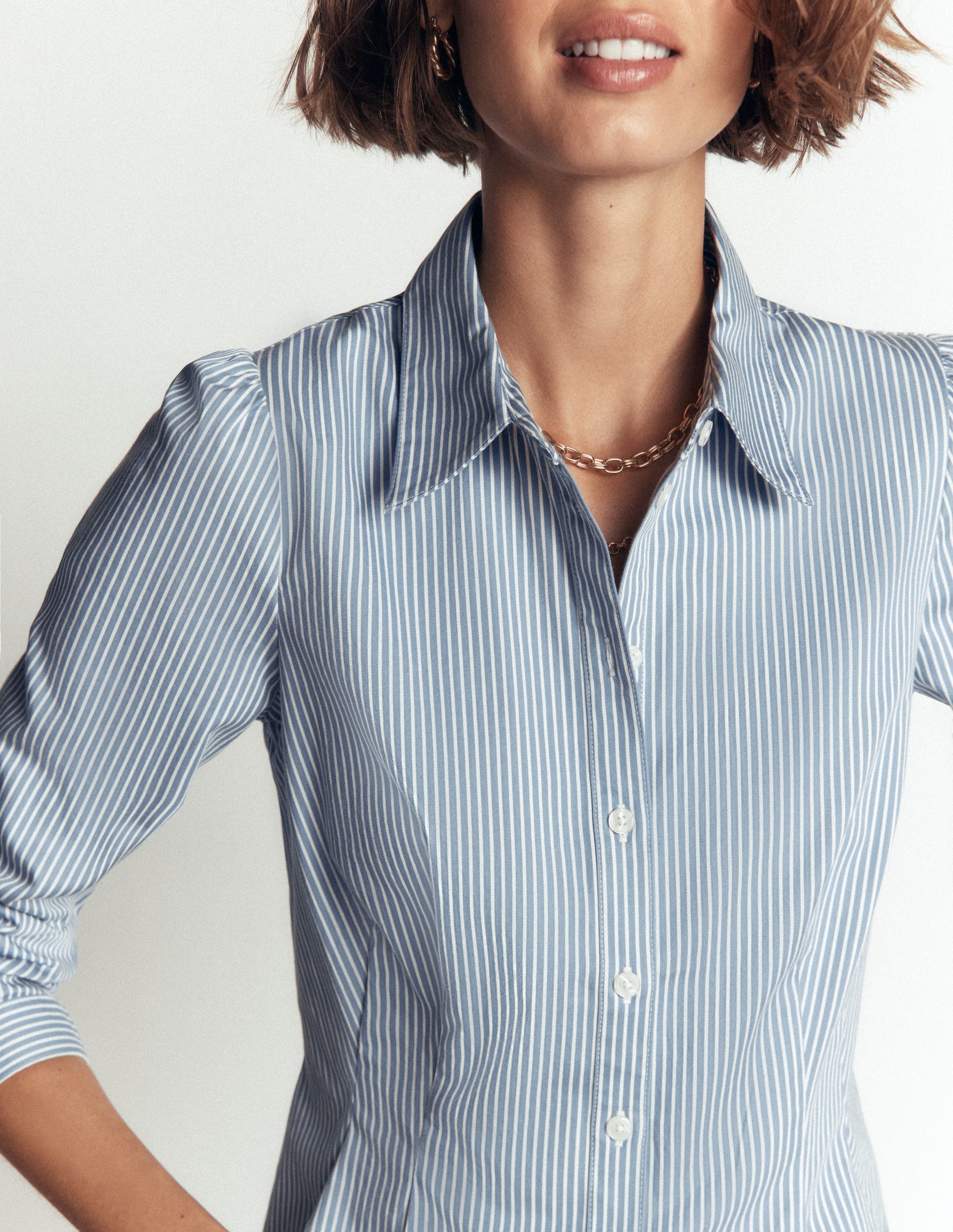 Julia Darted Cotton Shirt-Soft Blue, Ivory Stripe-3
