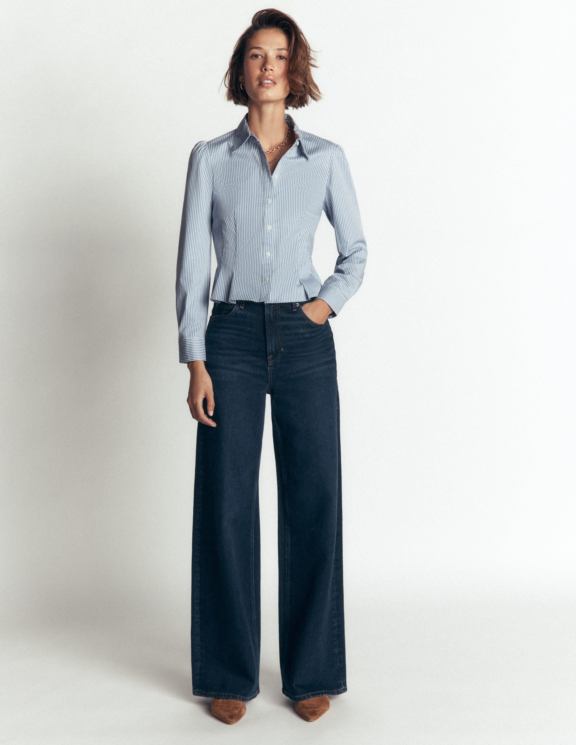 Julia Darted Cotton Shirt-Soft Blue, Ivory Stripe - Image 4