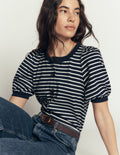 Button-through Full Sleeve Top-Navy and Ivory Stripe