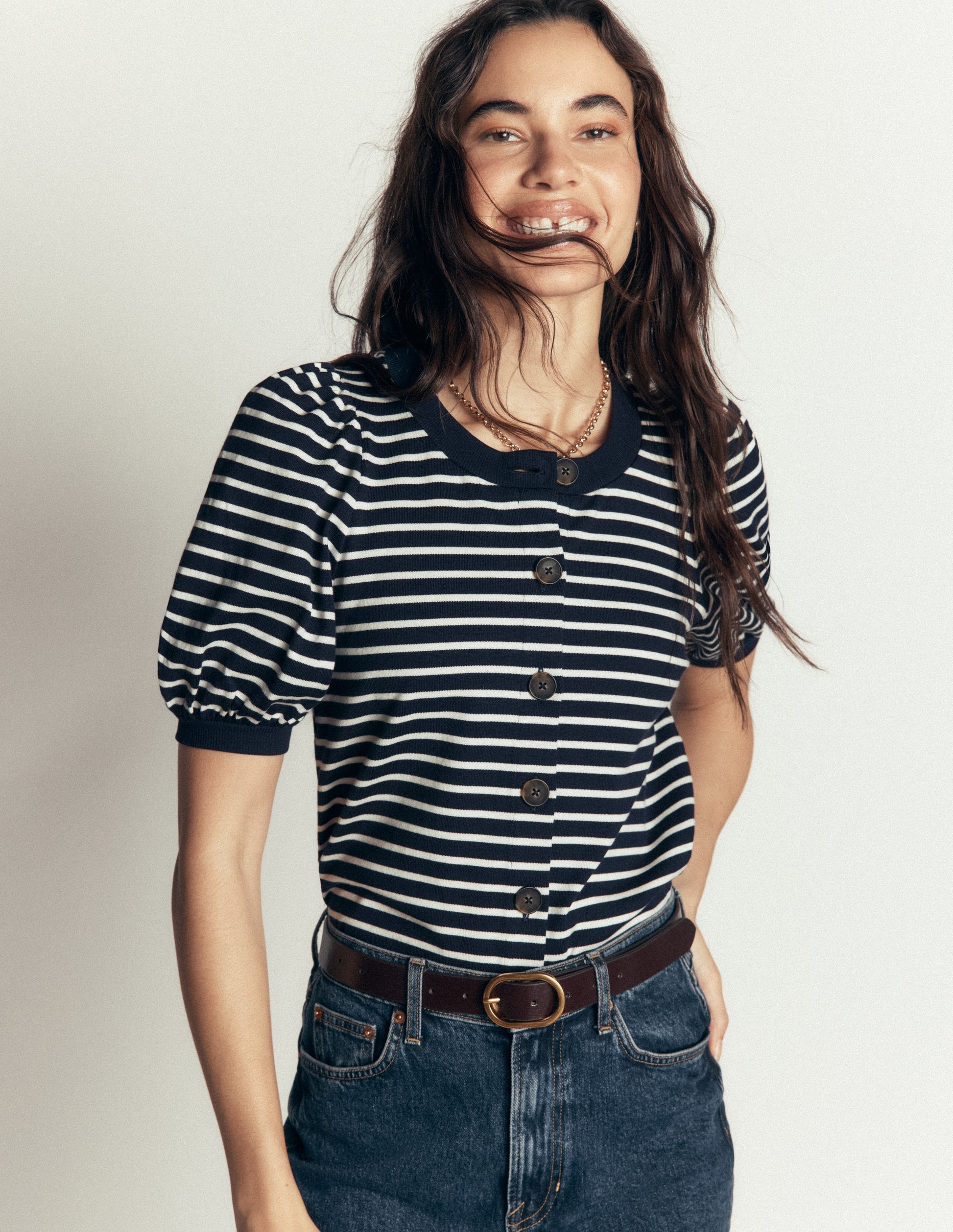 Button-through Full Sleeve Top-Navy and Ivory Stripe-2
