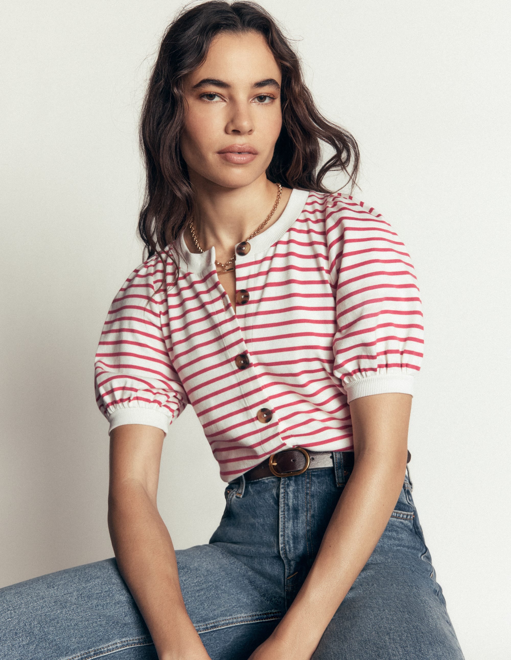 Button-through Full Sleeve Top-Ivory and Hollyberry Stripe - Image 1