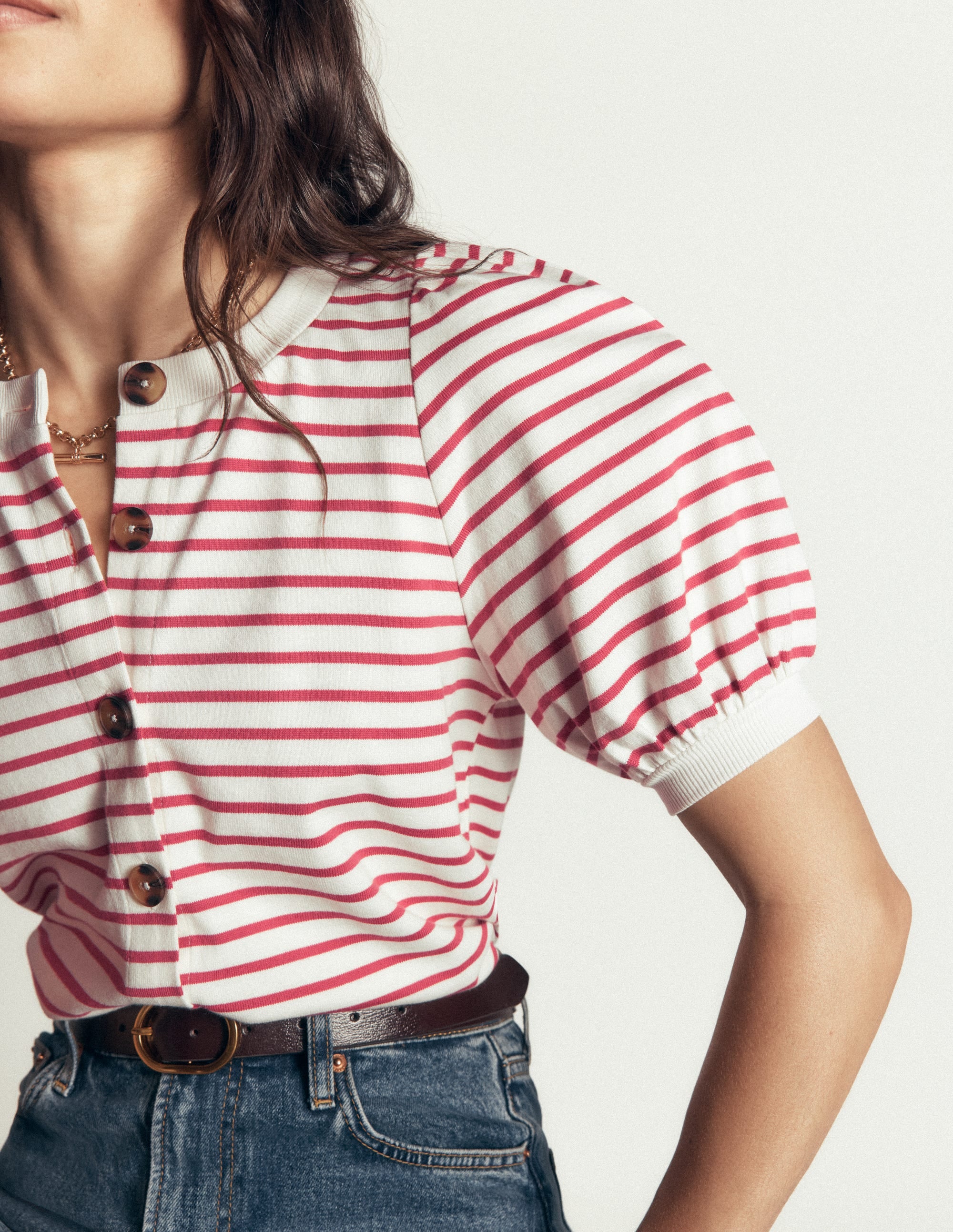 Button-through Full Sleeve Top-Ivory and Hollyberry Stripe - Image 2