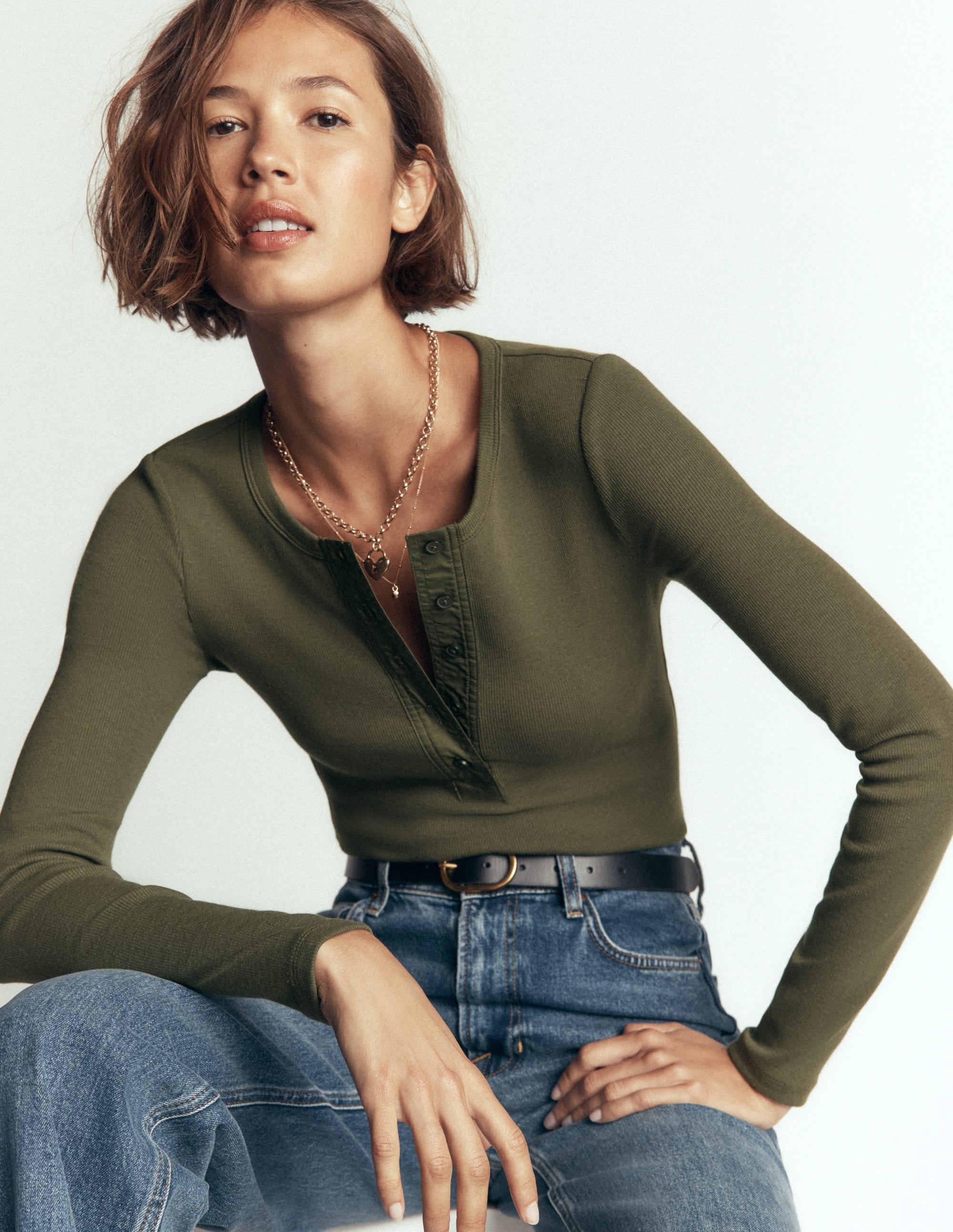 Ribbed Long Sleeve Henley-Falcon Green - Image 6