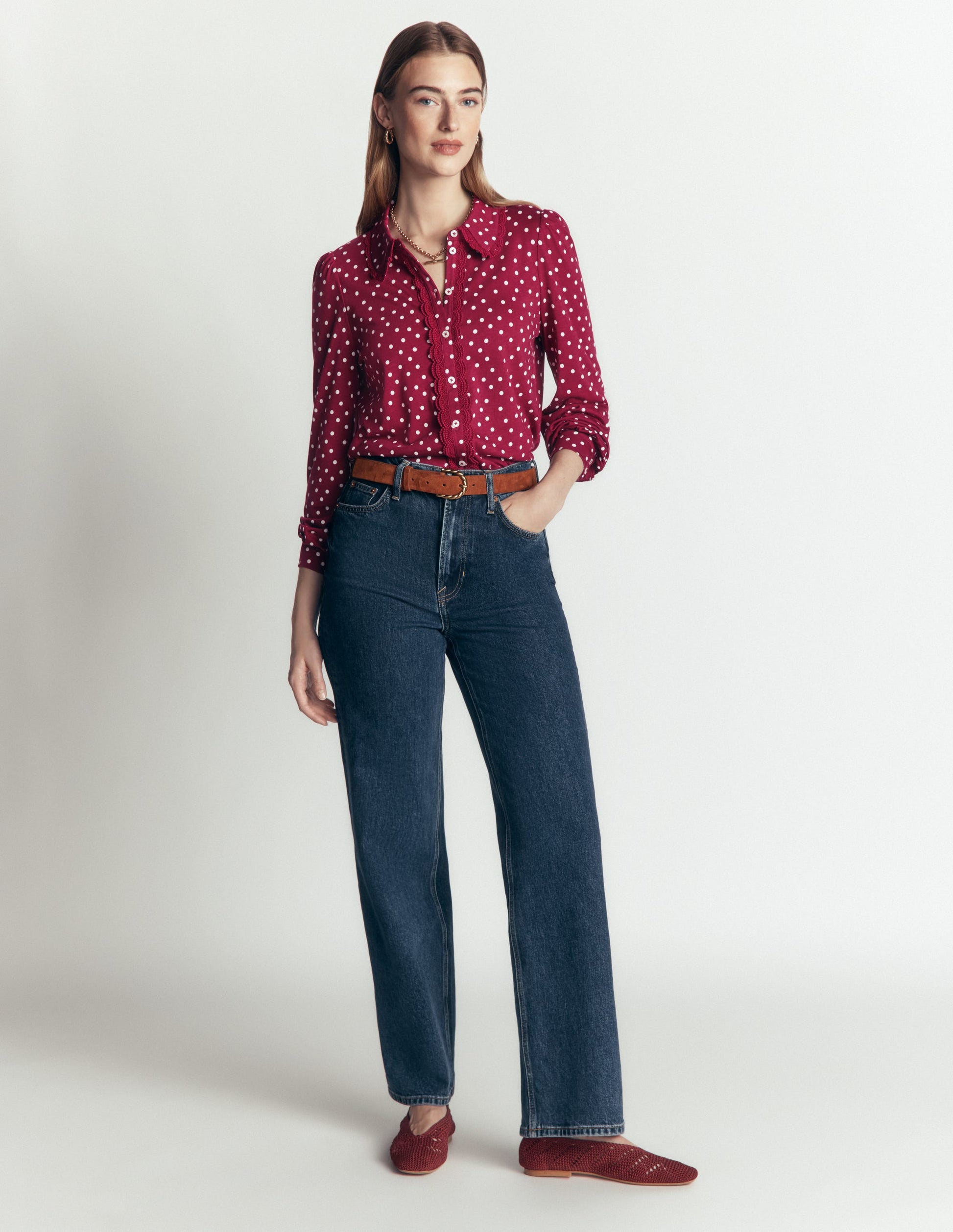 Bluse mit Rüschen und Spitze-Rubinrot, Boden-Punkte-4