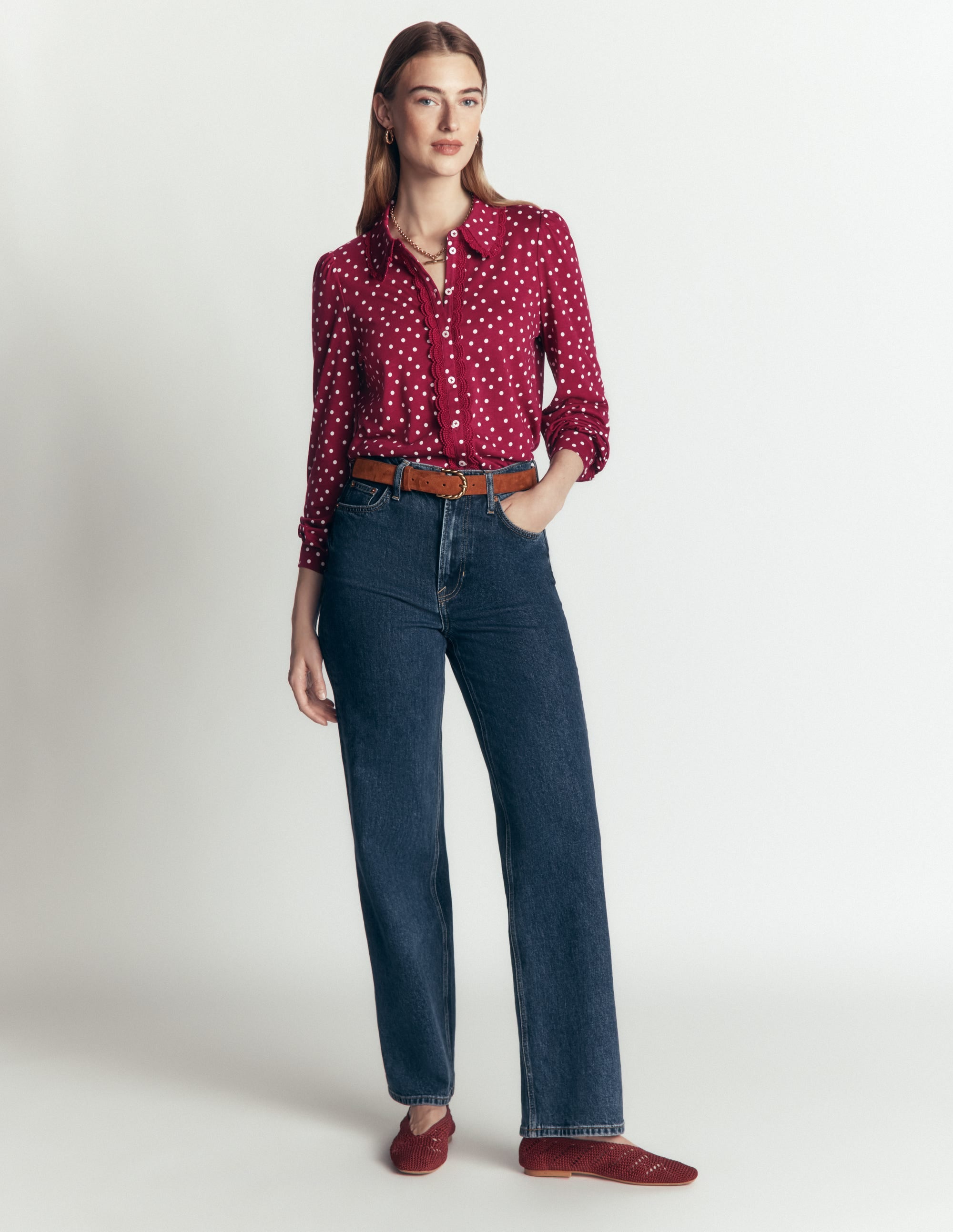 Bluse mit Rüschen und Spitze-Rubinrot, Boden-Punkte - Image 4