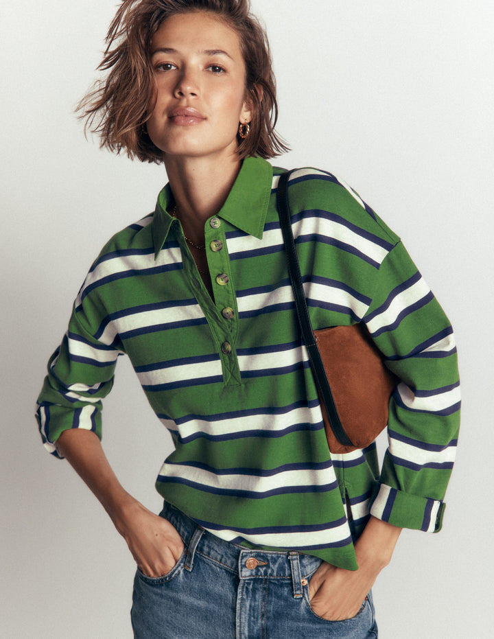 Collar Button Striped Breton-Chive and Navy Stripe