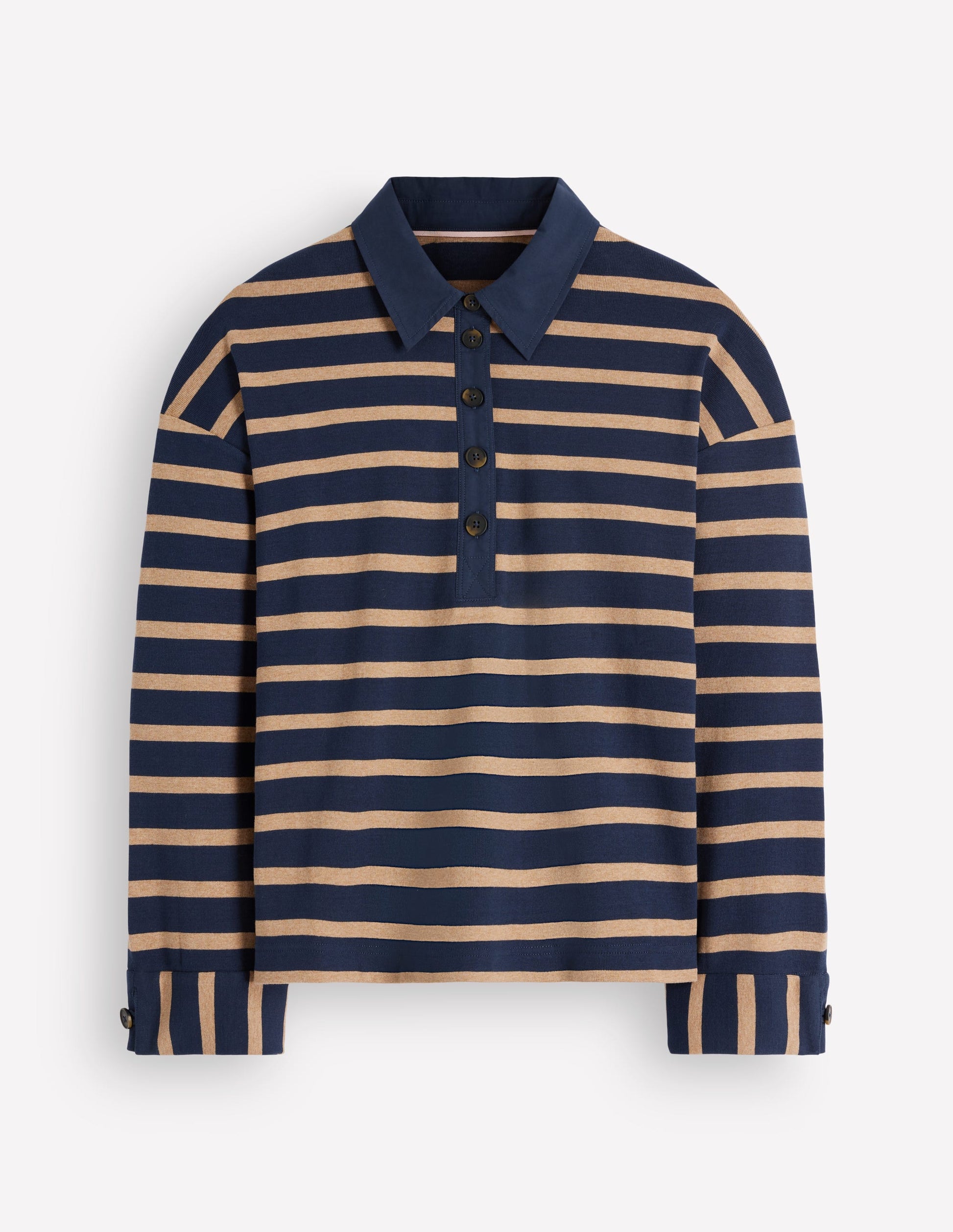 Gestreiftes Bretonhemd mit Kragen-Marineblau und Camel Streifen-5