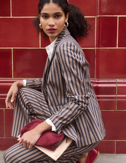 Stamford Klassisch geschneiderter Blazer-Marineblau, Camel Straßenbahn Streifen