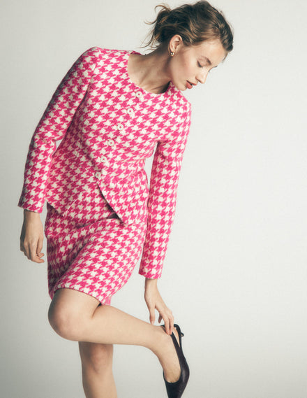 Blazer sans col en laine mélangée-Pied-de-poule rose