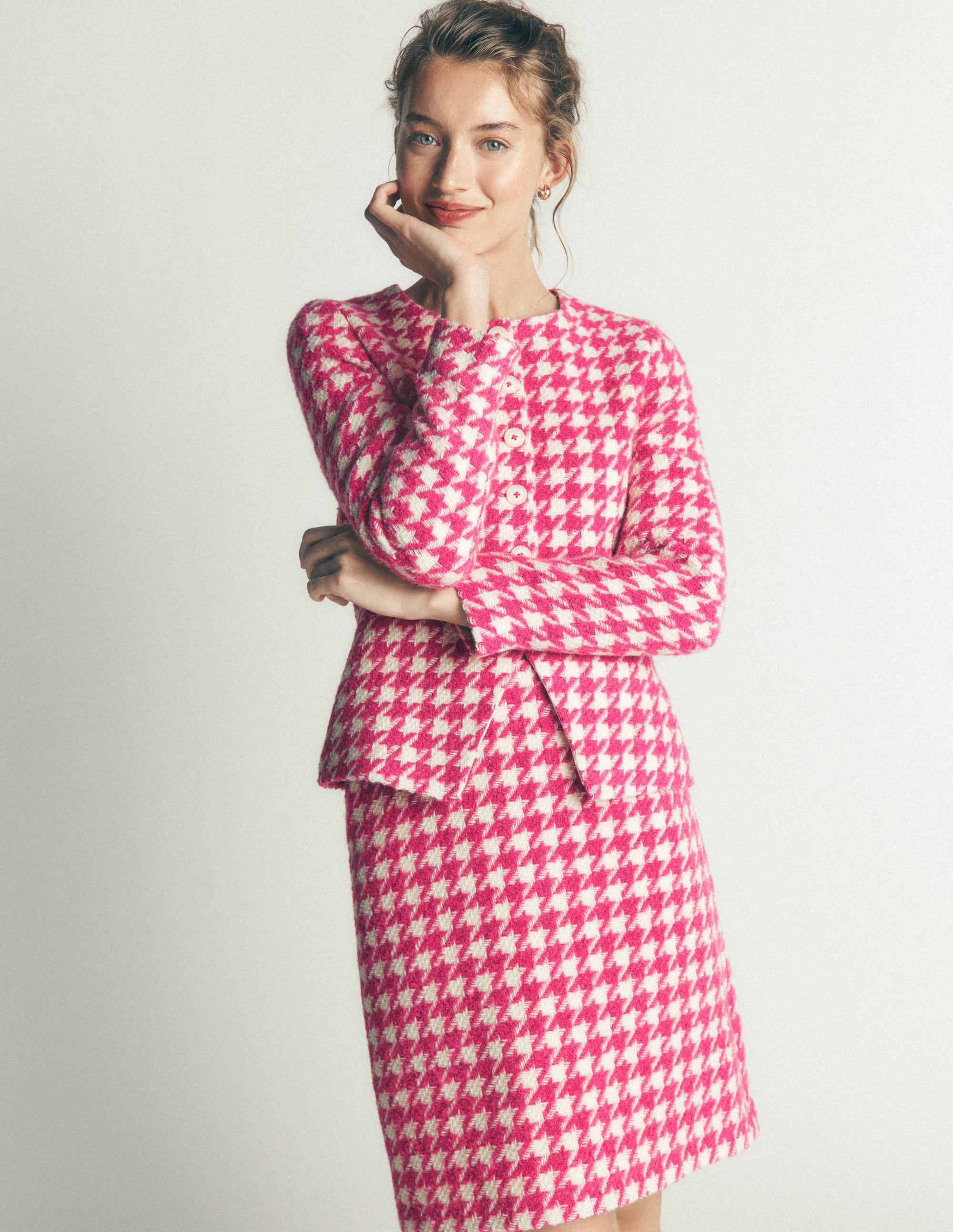 Kragenloser Blazer aus Wollmischgewebe-Rosa Hahnentrittmuster - Image 5