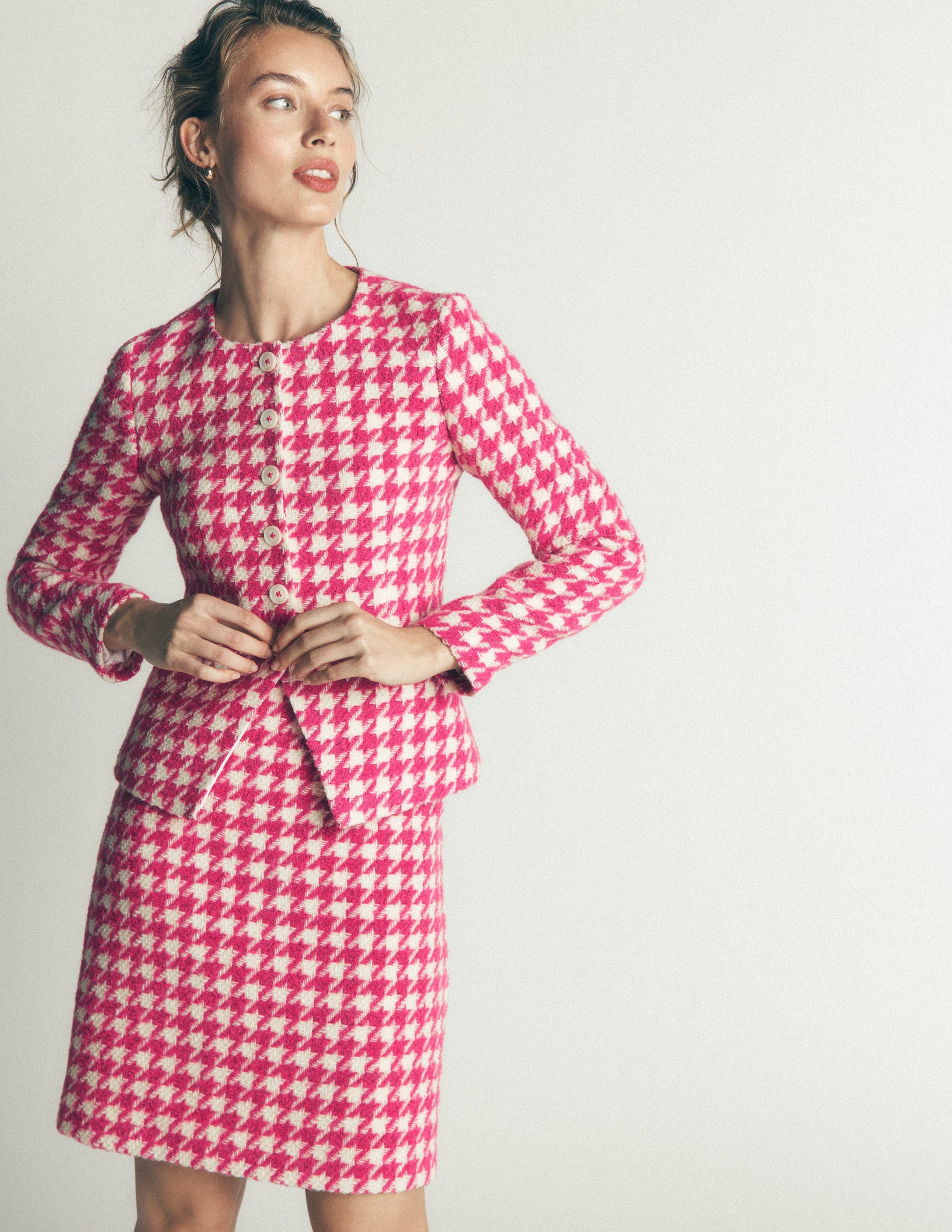 Kragenloser Blazer aus Wollmischgewebe-Rosa Hahnentrittmuster-7