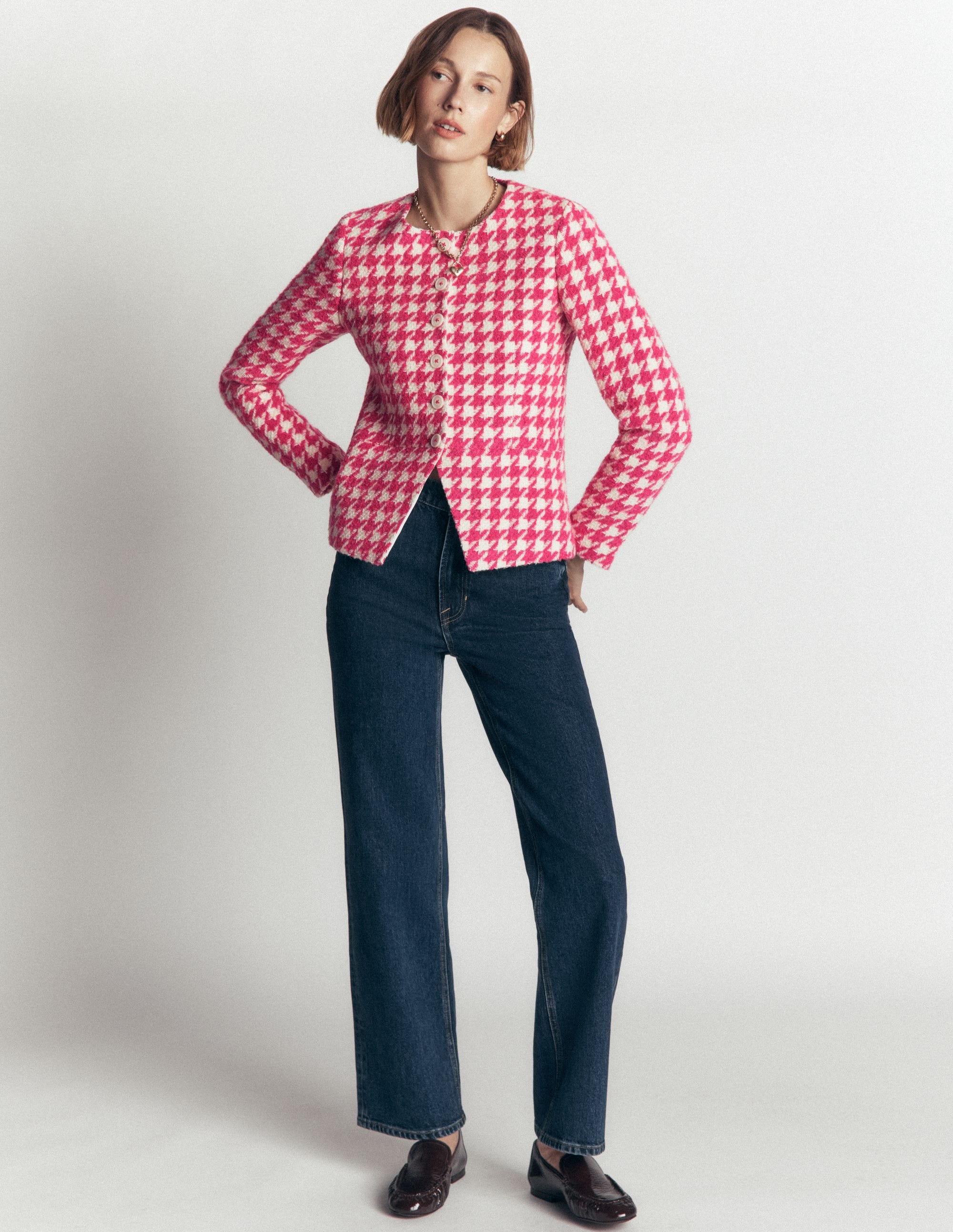 Kragenloser Blazer aus Wollmischgewebe-Rosa Hahnentrittmuster - Image 7