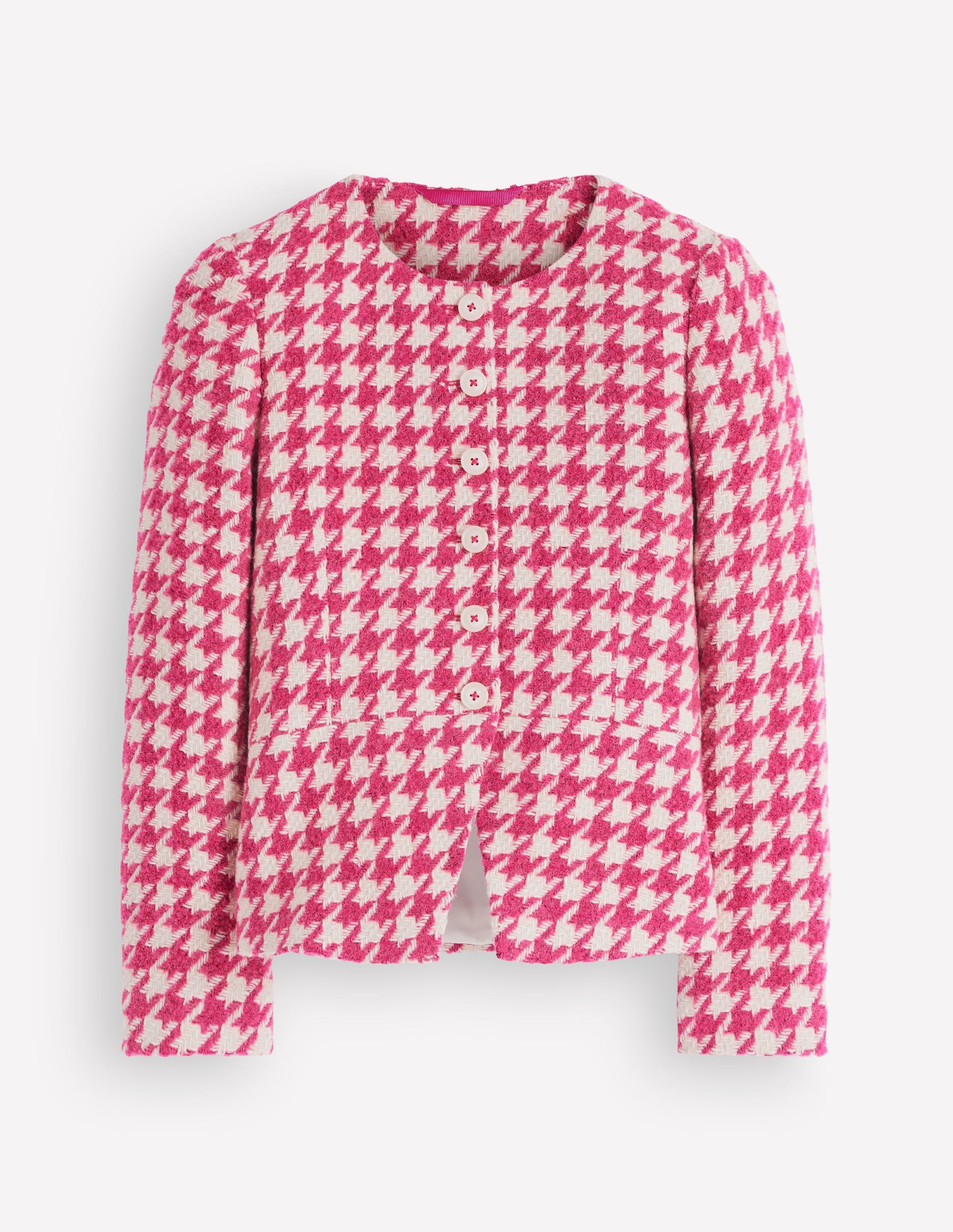 Kragenloser Blazer aus Wollmischgewebe-Rosa Hahnentrittmuster-9