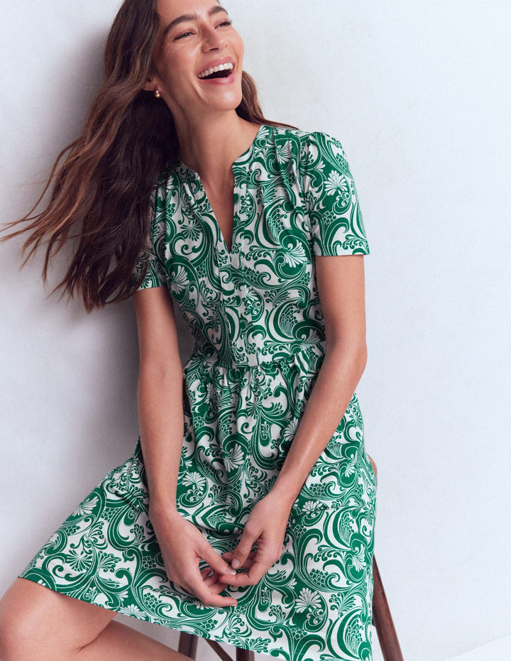 Robe Naomi à manches courtes-Vert joyau, motif Foliage Whirl