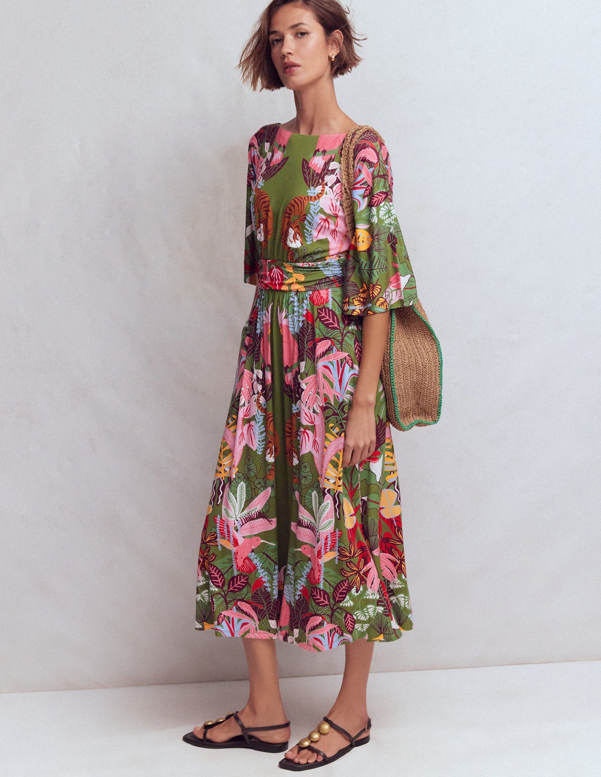 Imelda Jersey-Kimonokleid-Olivgrün, Tropische Safari-7