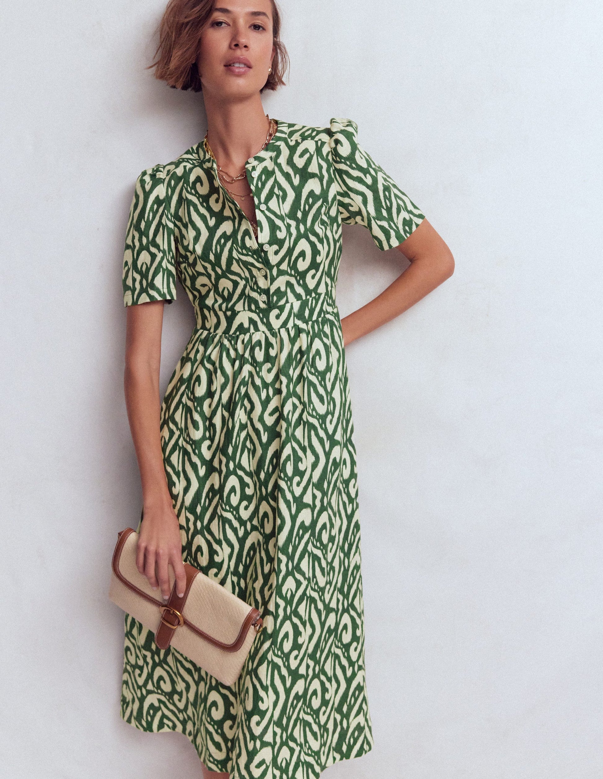 Ivy Midikleid aus Leinen-Jägergrün Ikat-Muster-1