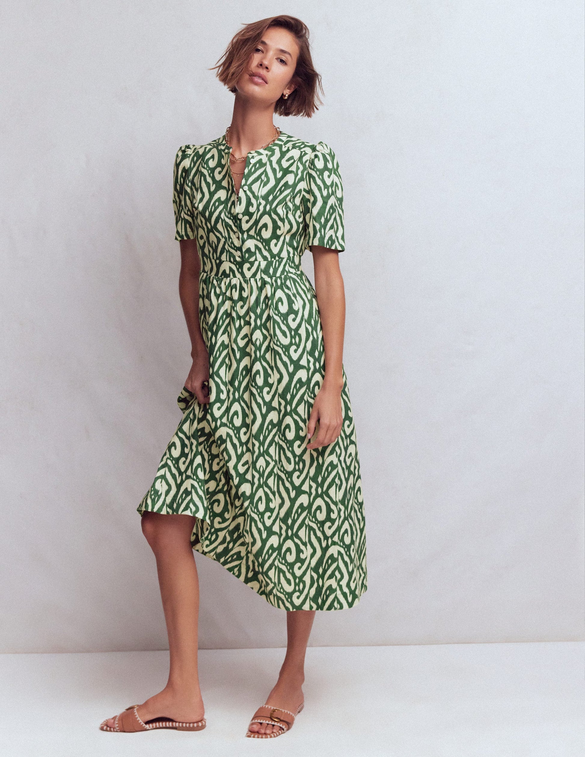 Ivy Midikleid aus Leinen-Jägergrün Ikat-Muster-4
