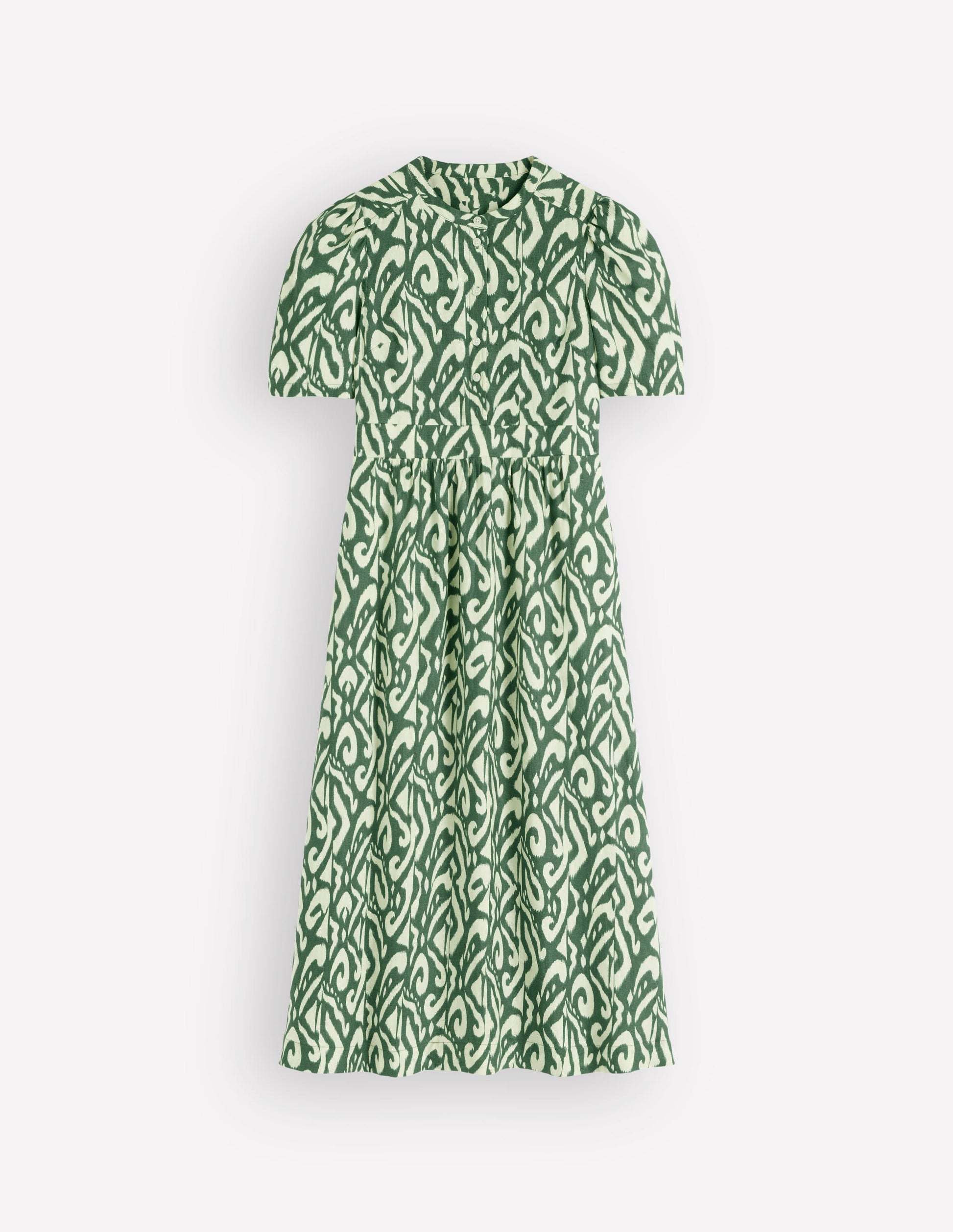 Ivy Midikleid aus Leinen-Jägergrün Ikat-Muster-5
