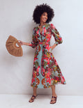 Robe midi Ava en lin mélangé-Motif Tropical Safari placé bleu