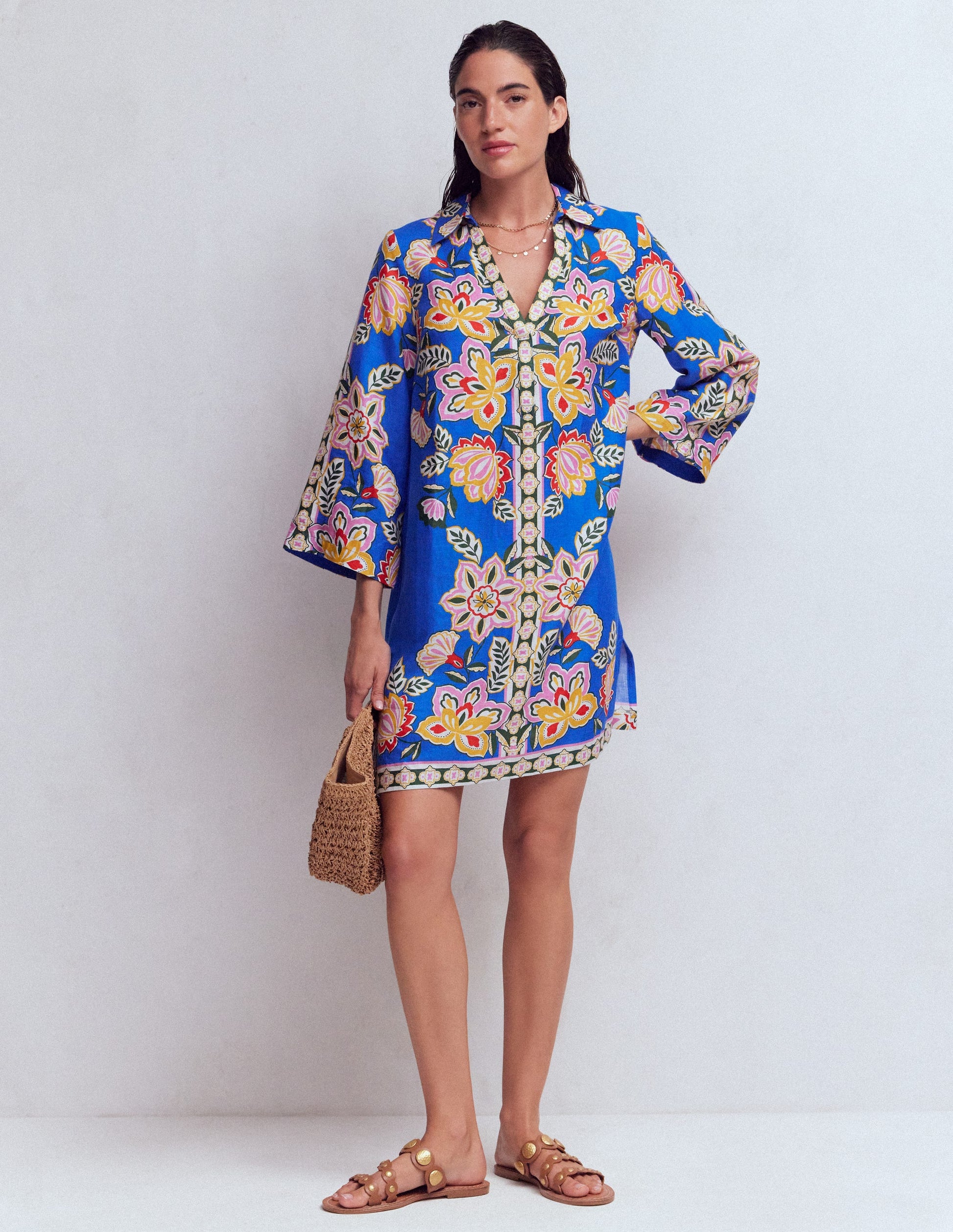 Carmen Kurzes Leinenkleid-Blau, Blüten-Eleganz-2